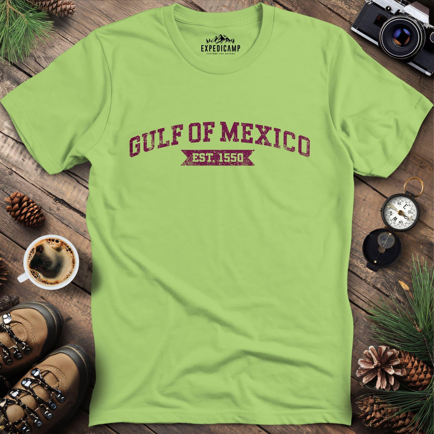 Gulf of Mexico Est. 1550 T-Shirt – Kiwi – Outdoor apparel for travel, hiking, camping, and nature lovers – ExpediCamp