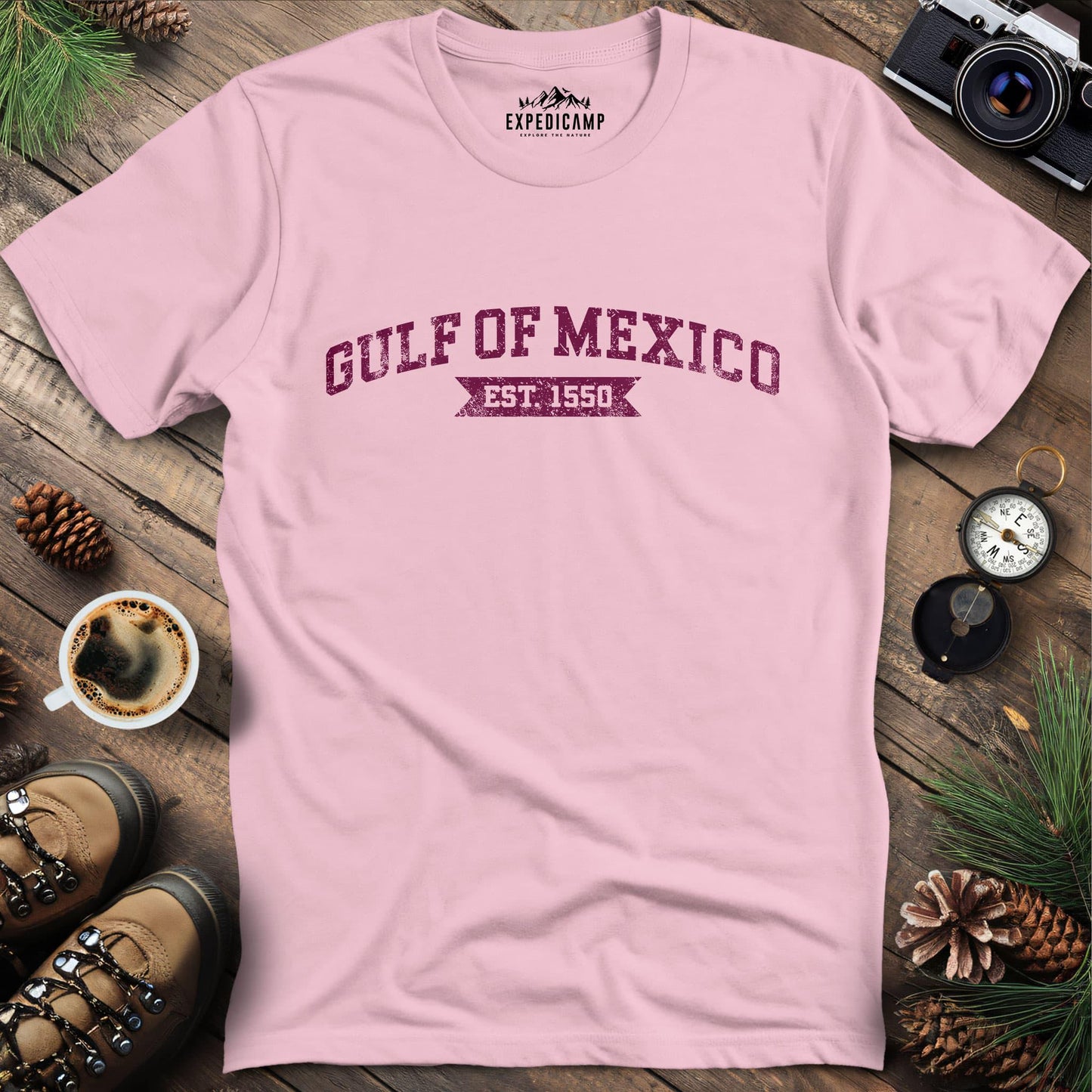 Gulf of Mexico Est. 1550 T-Shirt – Light Pink – Outdoor apparel for travel, hiking, camping, and nature lovers – ExpediCamp