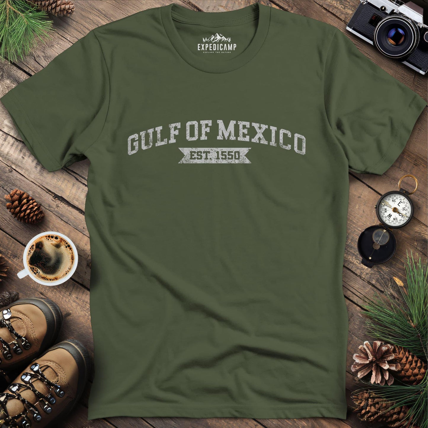 Gulf of Mexico Est. 1550 T-Shirt – Military Green – Outdoor apparel for travel, hiking, camping, and nature lovers – ExpediCamp