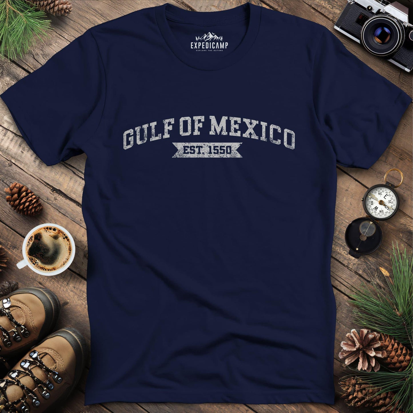 Gulf of Mexico Est. 1550 T-Shirt – Navy – Outdoor apparel for travel, hiking, camping, and nature lovers – ExpediCamp