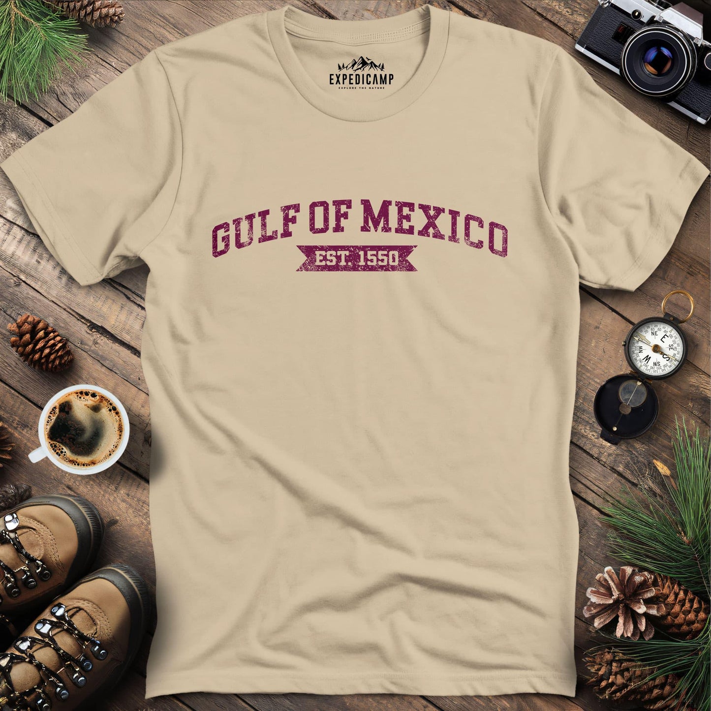 Gulf of Mexico Est. 1550 T-Shirt – Sand – Outdoor apparel for travel, hiking, camping, and nature lovers – ExpediCamp