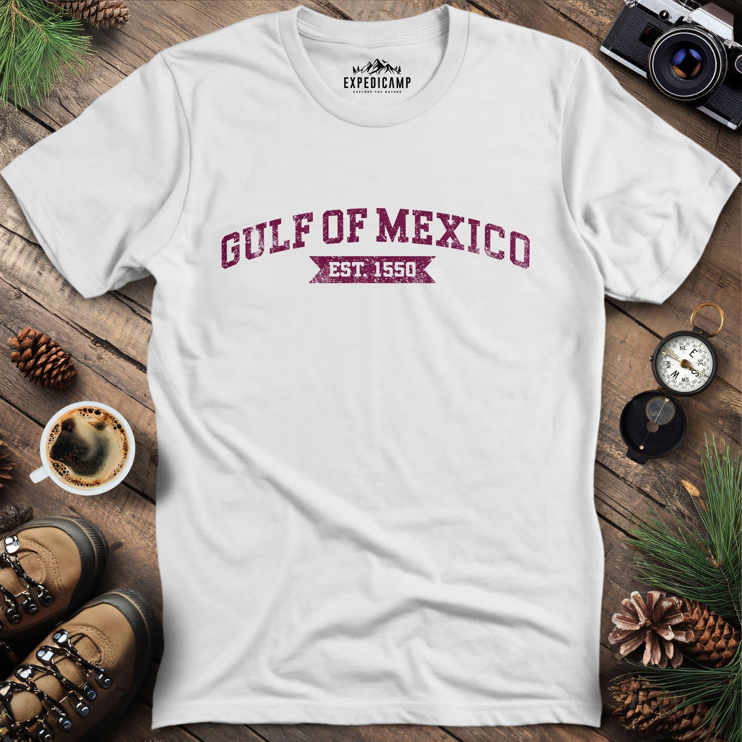 Gulf of Mexico Est. 1550 T-Shirt – White – Outdoor apparel for travel, hiking, camping, and nature lovers – ExpediCamp