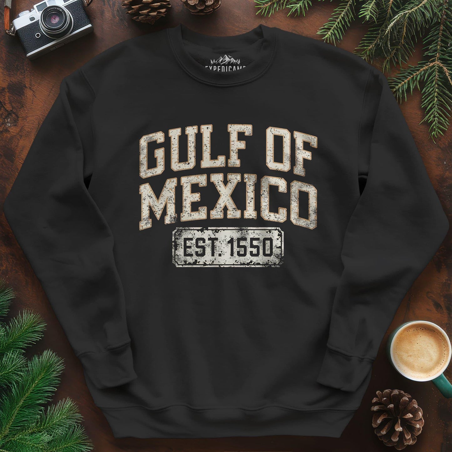 Gulf of Mexico Est. 1550 Sweatshirt – Black – Outdoor apparel for travel, hiking, camping, and nature lovers – ExpediCamp