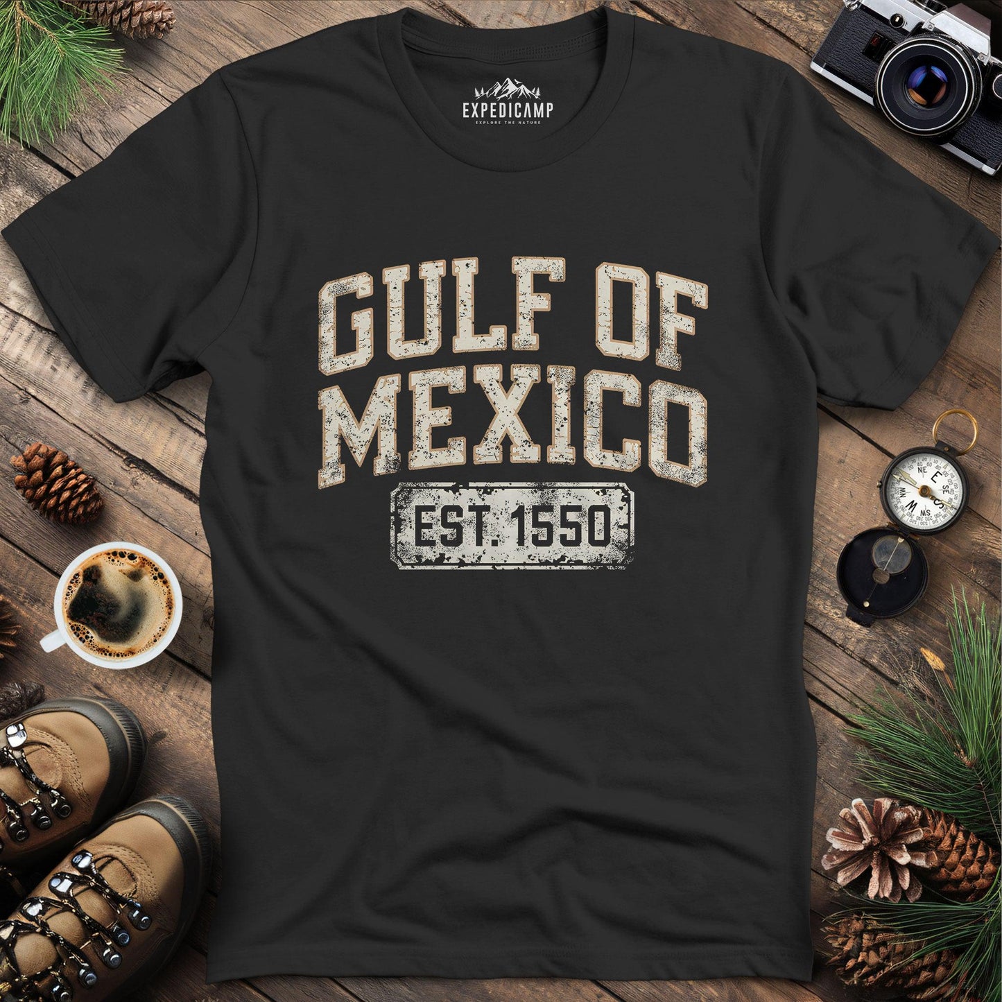 Gulf of Mexico Est. 1550 T-Shirt – Black – Outdoor apparel for travel, hiking, camping, and nature lovers – ExpediCamp