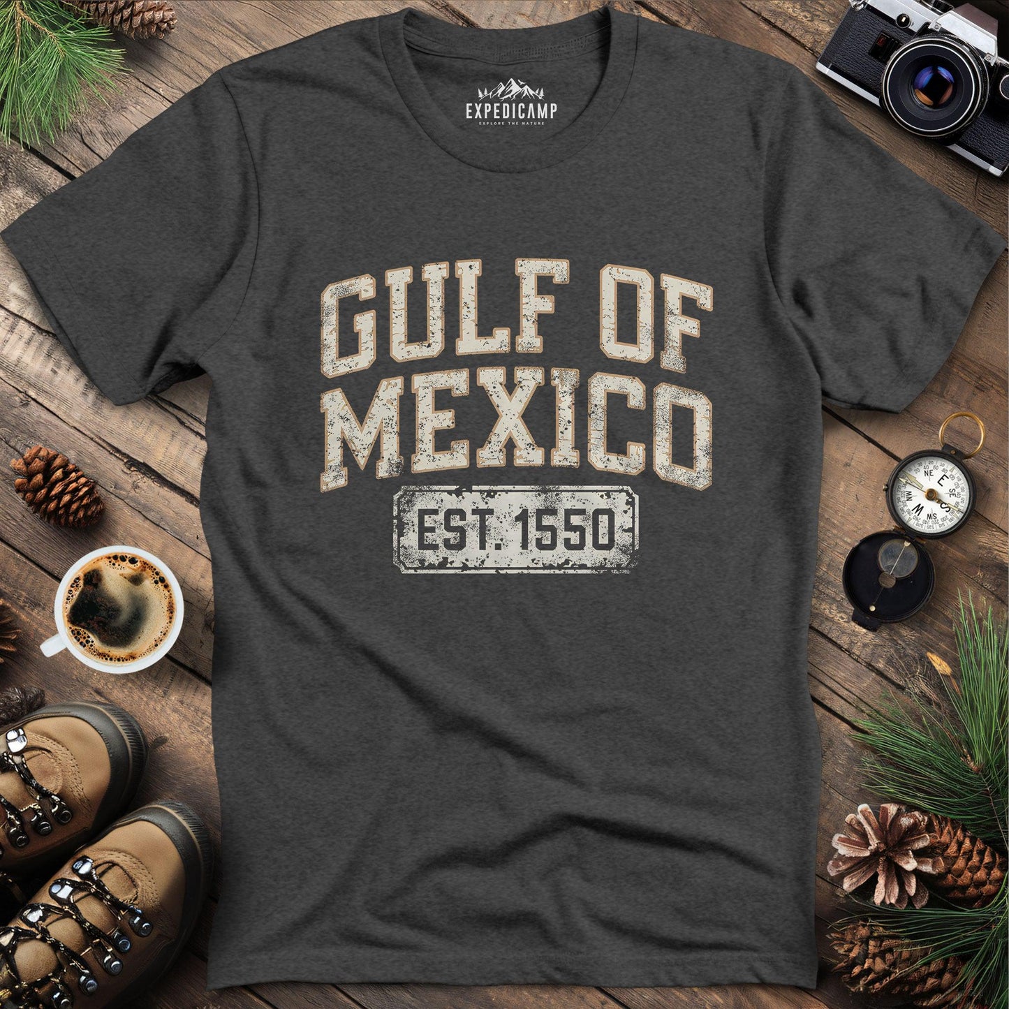 Gulf of Mexico Est. 1550 T-Shirt – Dark Heather – Outdoor apparel for travel, hiking, camping, and nature lovers – ExpediCamp