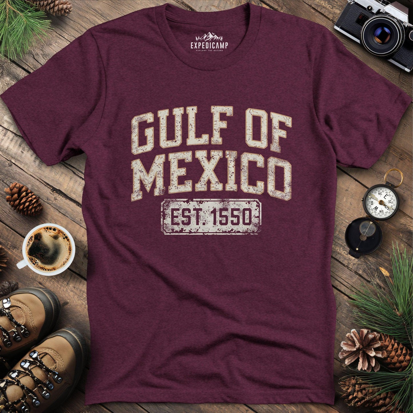 Gulf of Mexico Est. 1550 T-Shirt – Heather Maroon – Outdoor apparel for travel, hiking, camping, and nature lovers – ExpediCamp