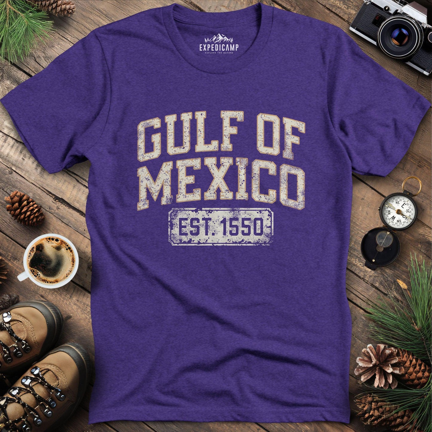 Gulf of Mexico Est. 1550 T-Shirt – Heather Purple – Outdoor apparel for travel, hiking, camping, and nature lovers – ExpediCamp
