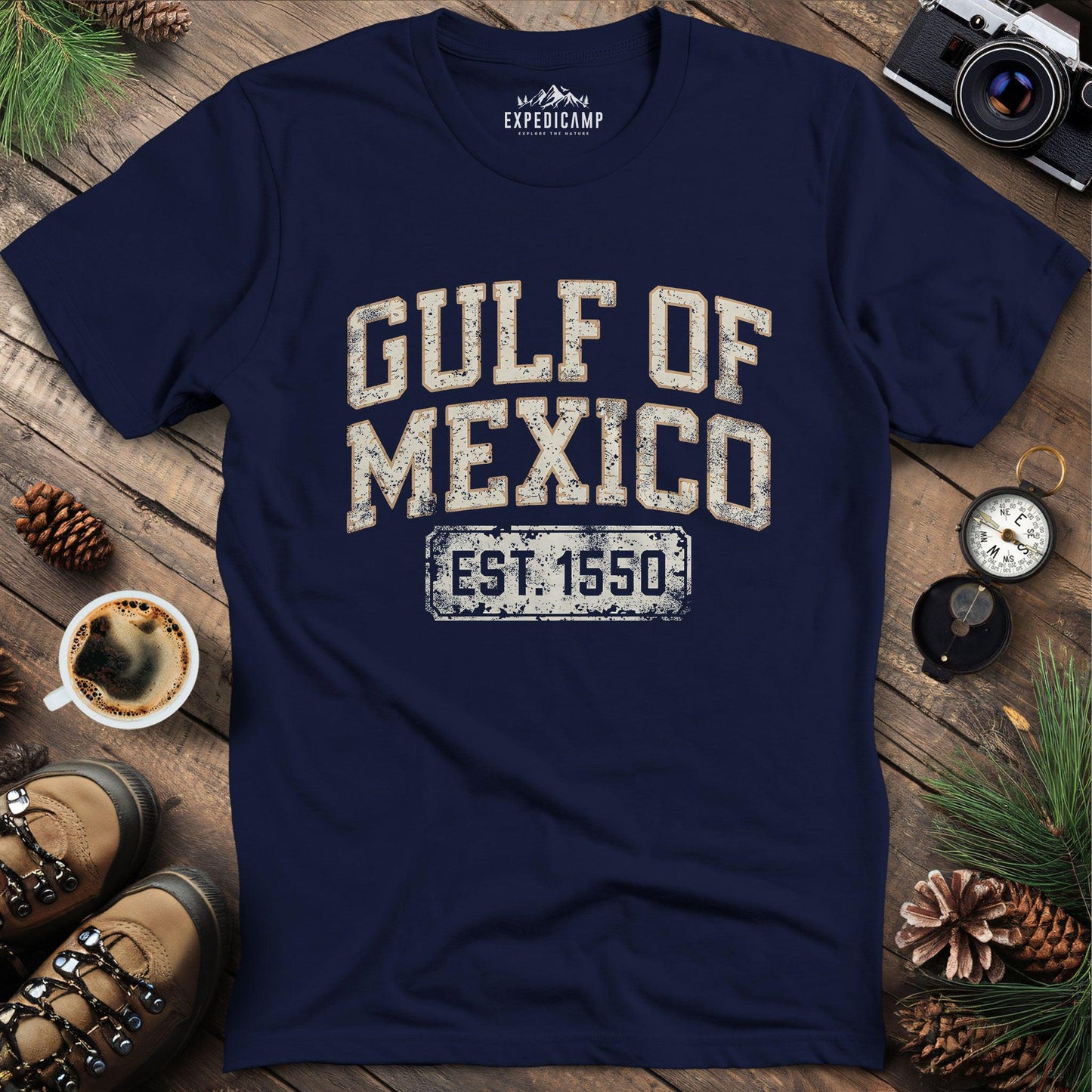 Gulf of Mexico Est. 1550 T-Shirt – Navy – Outdoor apparel for travel, hiking, camping, and nature lovers – ExpediCamp