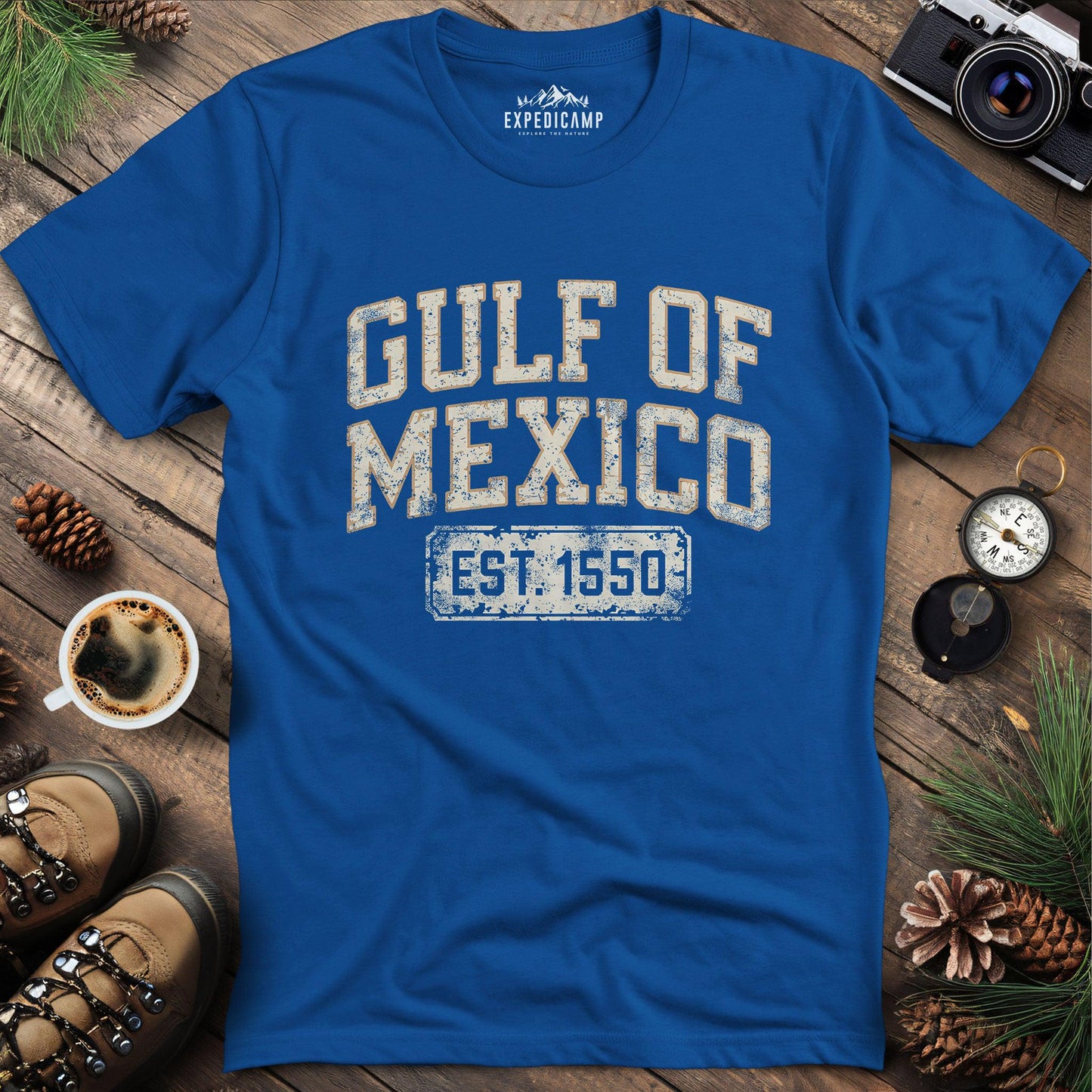 Gulf of Mexico Est. 1550 T-Shirt – Royal – Outdoor apparel for travel, hiking, camping, and nature lovers – ExpediCamp