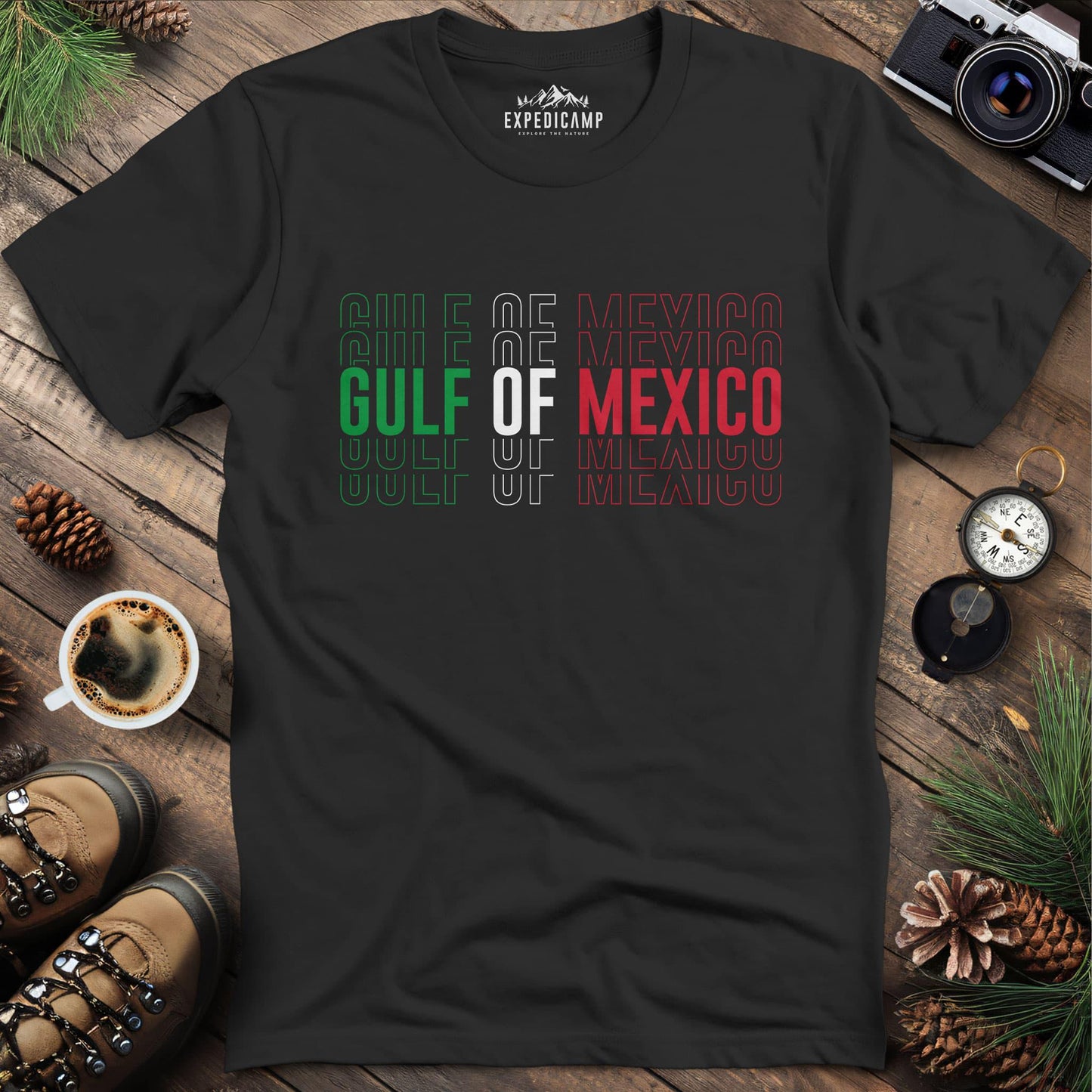 Gulf of Mexico Mexico Flag-Inspired T-Shirt – Black – Outdoor apparel for travel, hiking, camping, and nature lovers – ExpediCamp