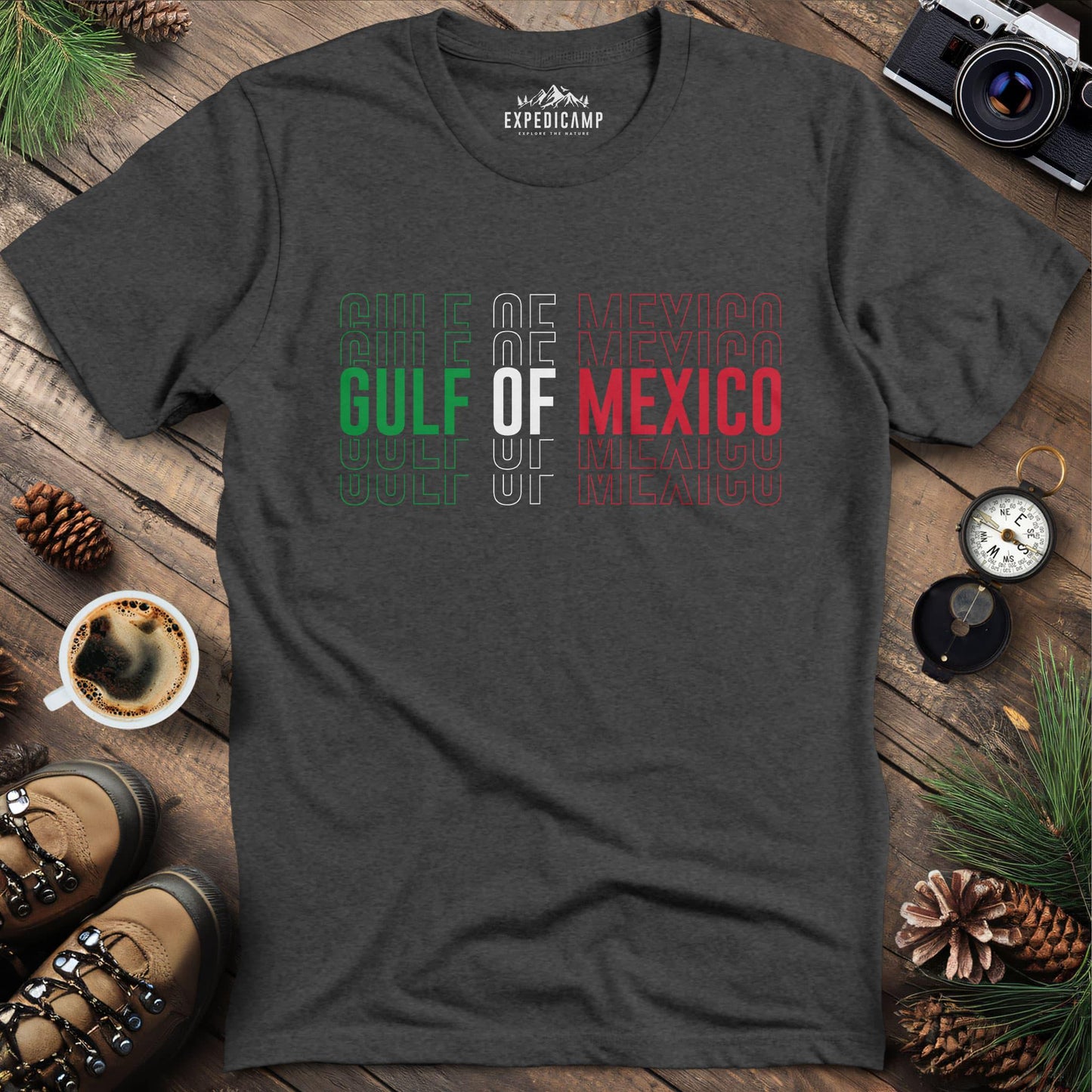 Gulf of Mexico Mexico Flag-Inspired T-Shirt – Dark Heather – Outdoor apparel for travel, hiking, camping, and nature lovers – ExpediCamp