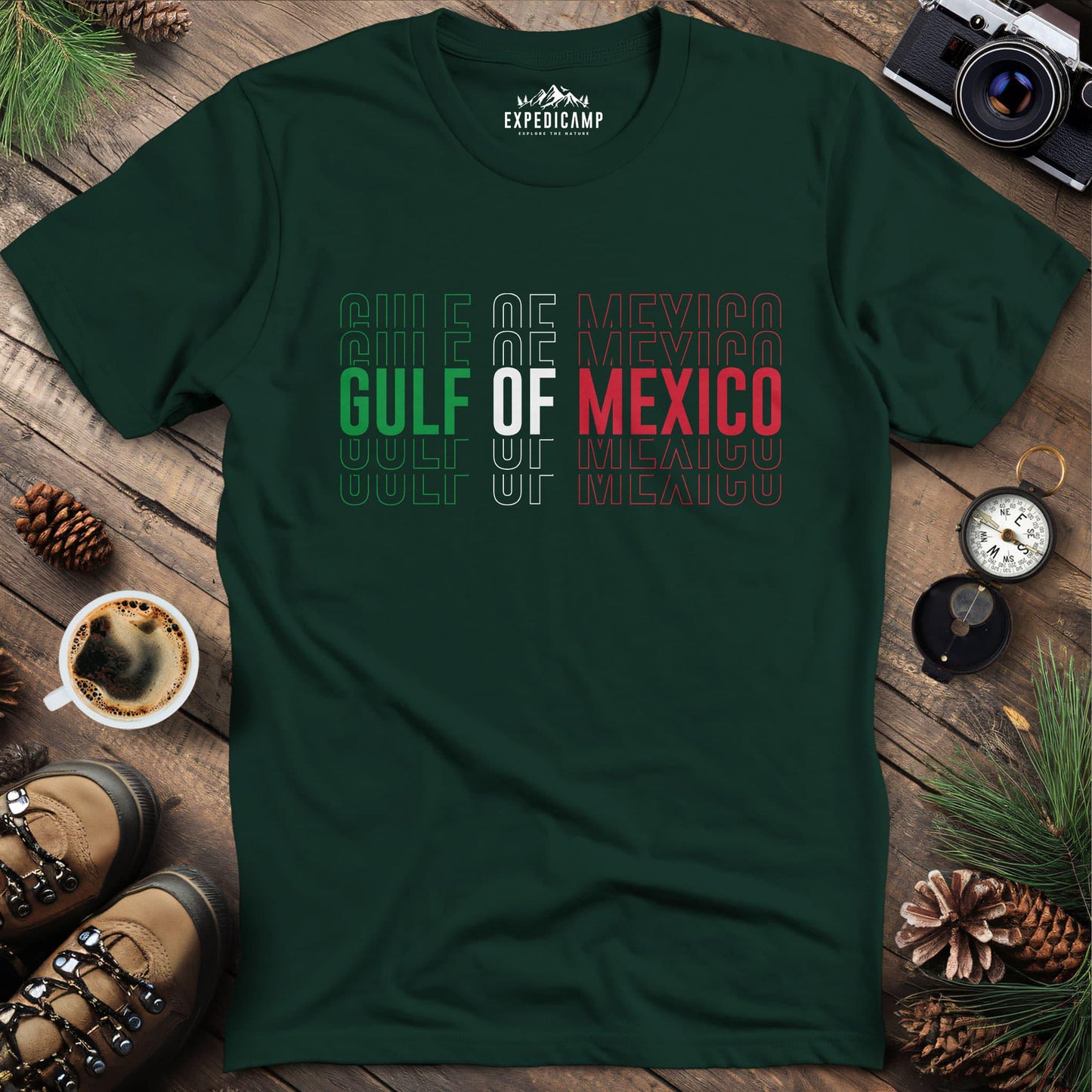 Gulf of Mexico Mexico Flag-Inspired T-Shirt – Forest Green – Outdoor apparel for travel, hiking, camping, and nature lovers – ExpediCamp