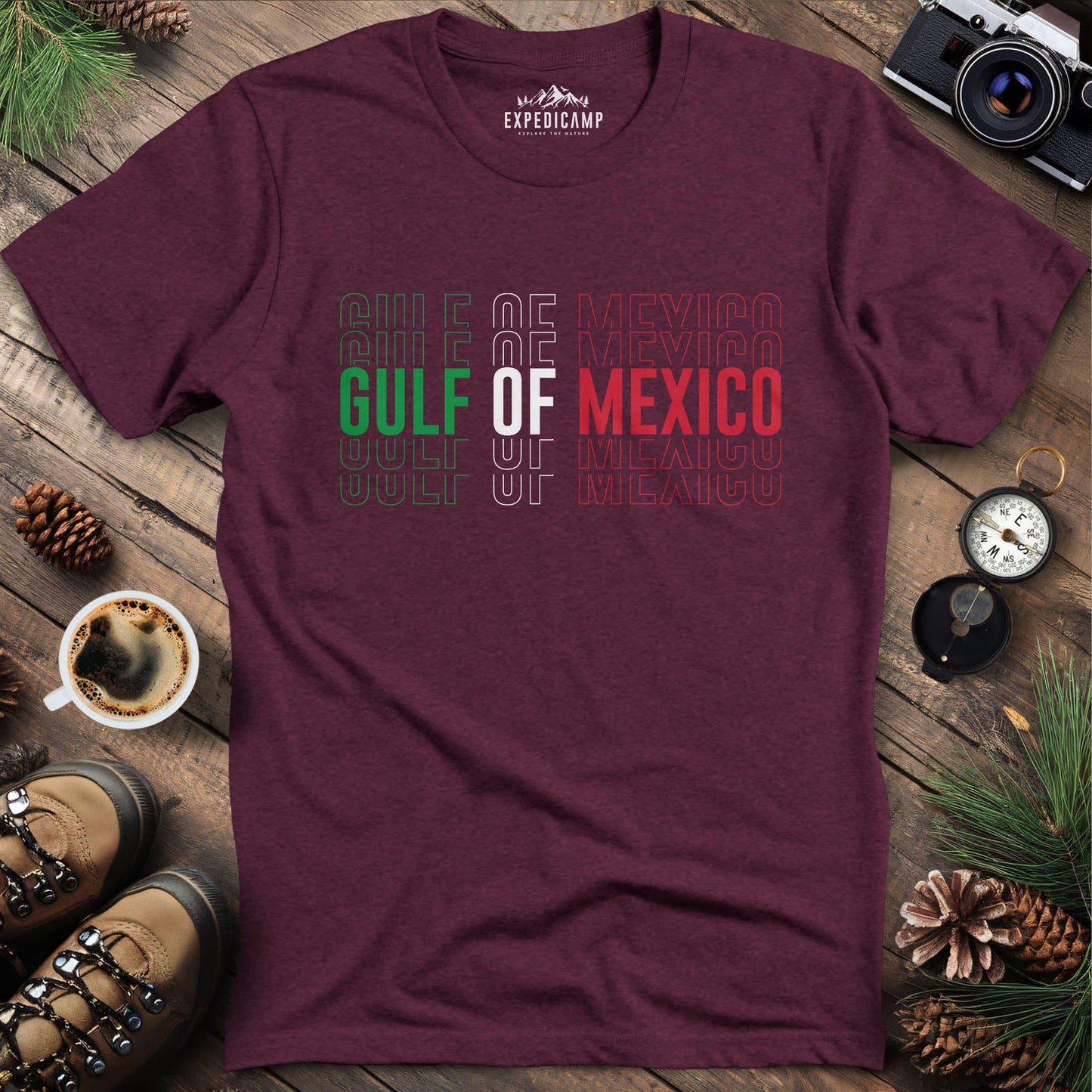 Gulf of Mexico Mexico Flag-Inspired T-Shirt – Heather Maroon – Outdoor apparel for travel, hiking, camping, and nature lovers – ExpediCamp