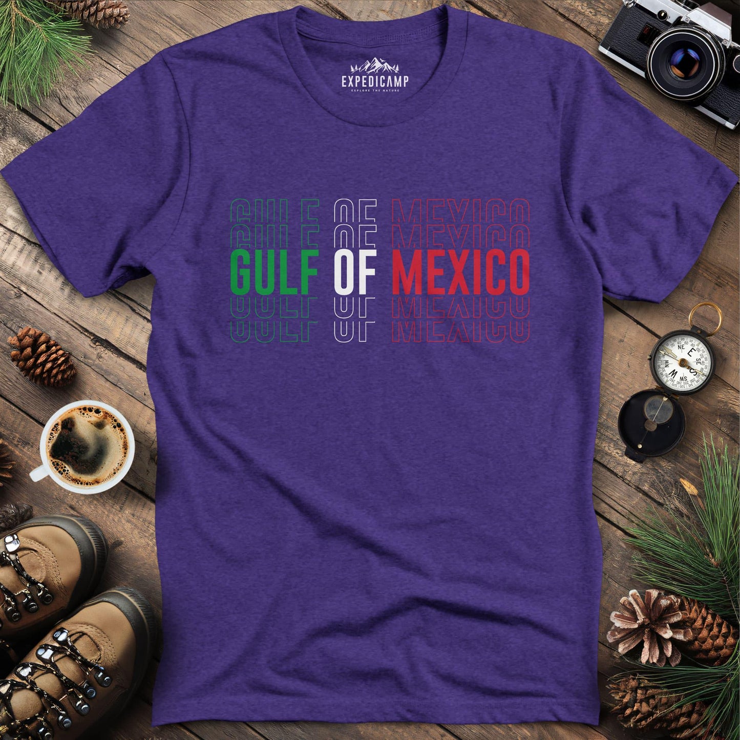 Gulf of Mexico Mexico Flag-Inspired T-Shirt – Heather Purple – Outdoor apparel for travel, hiking, camping, and nature lovers – ExpediCamp