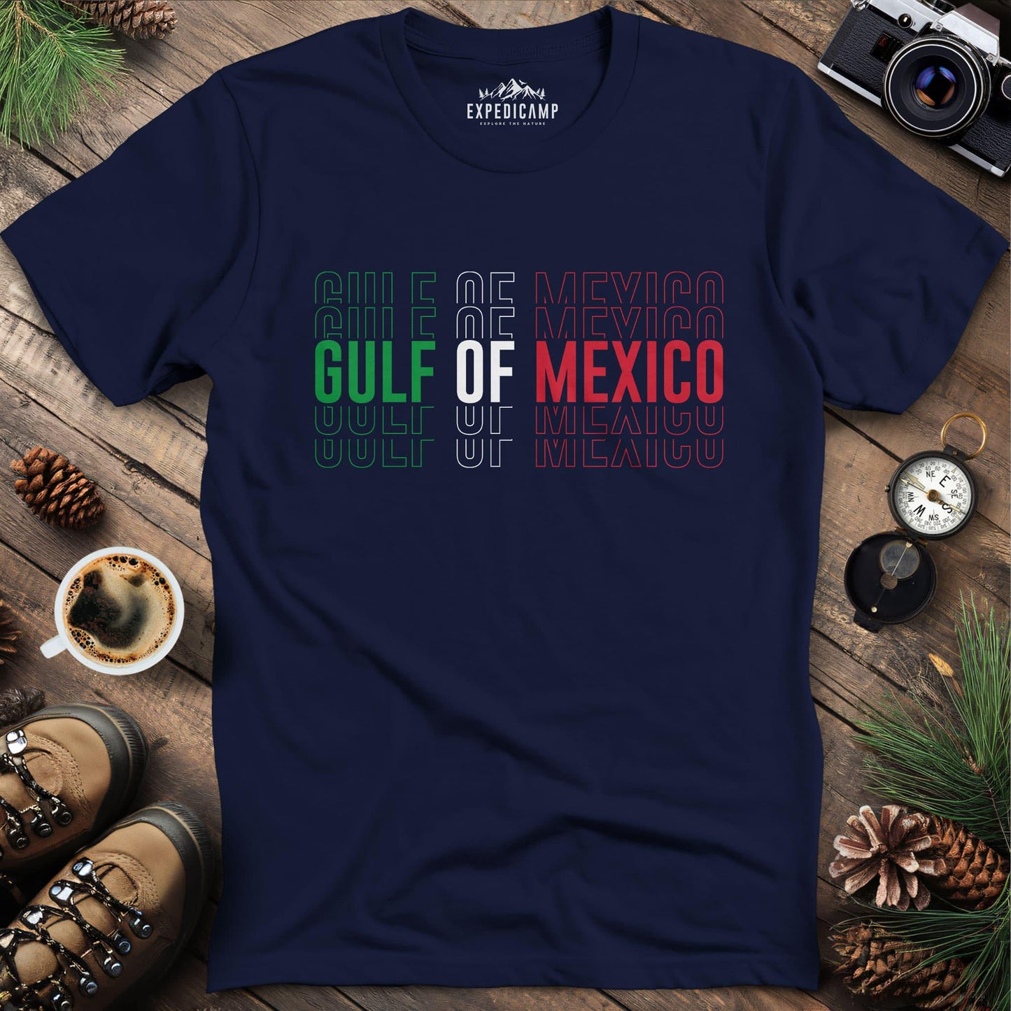 Gulf of Mexico Mexico Flag-Inspired T-Shirt – Navy – Outdoor apparel for travel, hiking, camping, and nature lovers – ExpediCamp