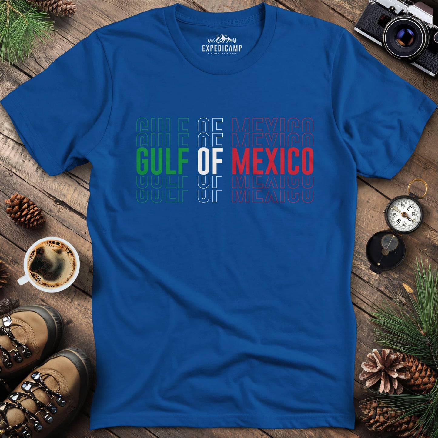 Gulf of Mexico Mexico Flag-Inspired T-Shirt – Royal – Outdoor apparel for travel, hiking, camping, and nature lovers – ExpediCamp