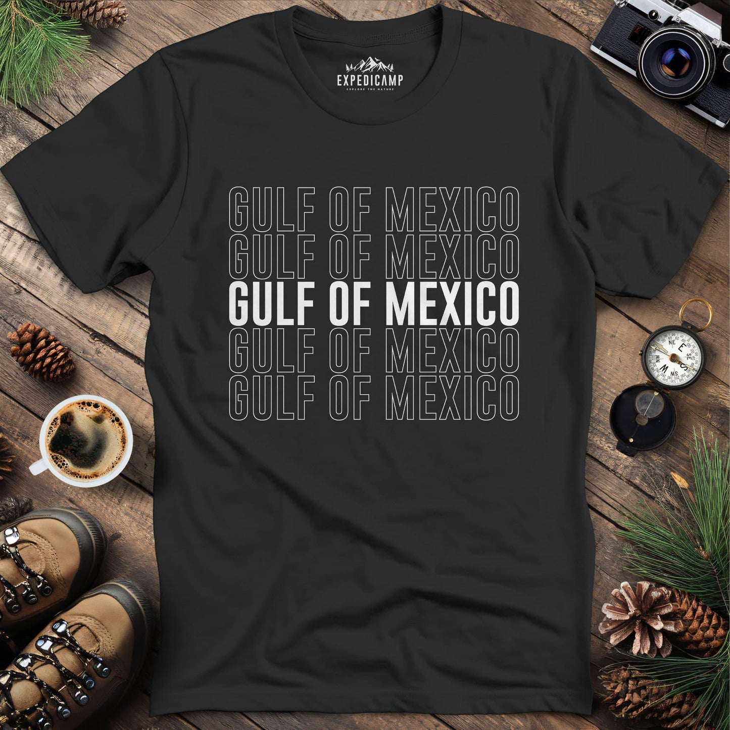 Gulf of Mexico Minimalist T-Shirt – Black – Outdoor apparel for travel, hiking, camping, and nature lovers – ExpediCamp