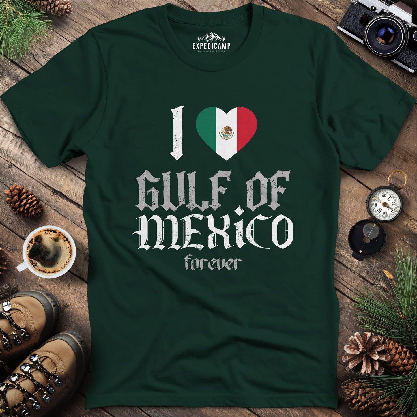 Gulf of Mexico Forever Pride T-Shirt – Forest Green – Outdoor apparel for travel, hiking, camping, and nature lovers – ExpediCamp