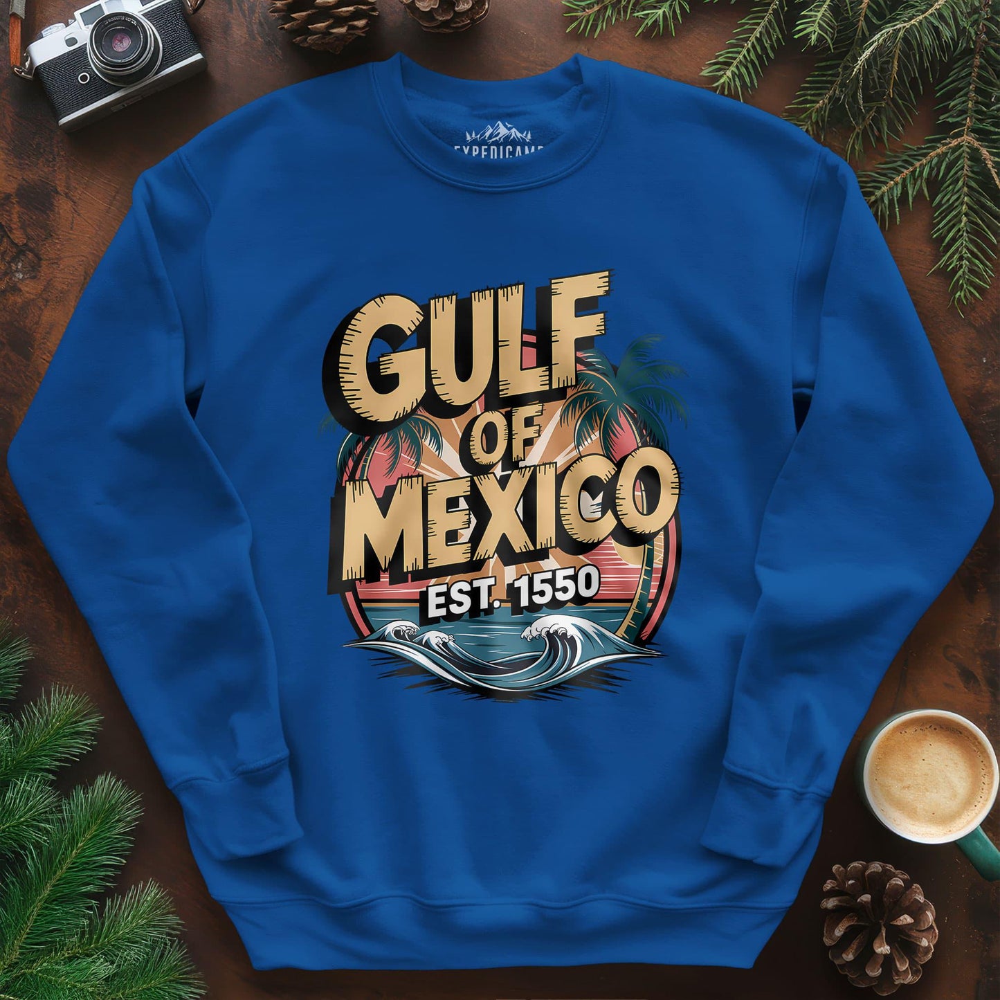 Gulf of Mexico Retro Sweatshirt – Royal – Outdoor apparel for travel, hiking, camping, and nature lovers – ExpediCamp