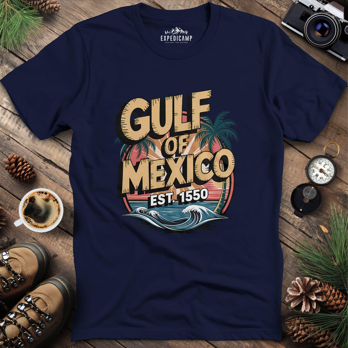Gulf of Mexico Retro T-Shirt – Navy – Outdoor apparel for travel, hiking, camping, and nature lovers – ExpediCamp
