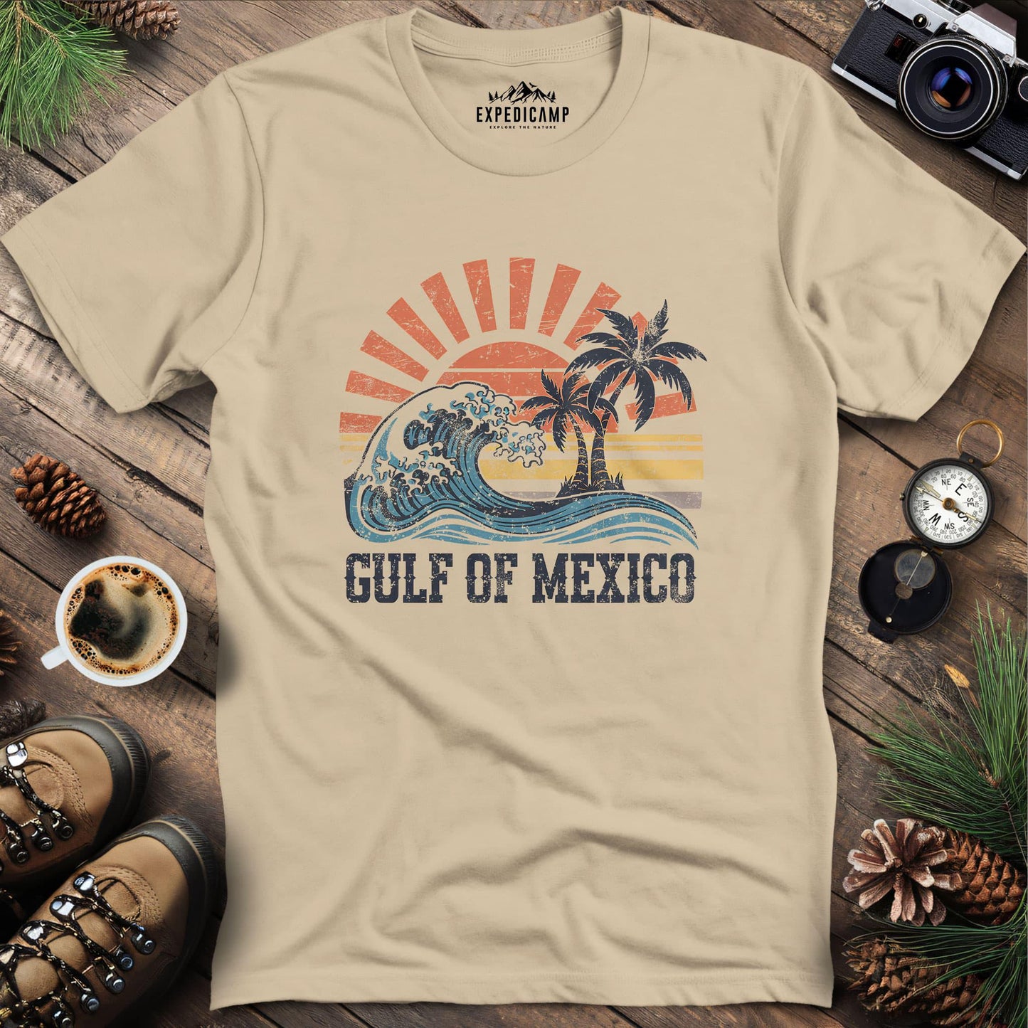 Gulf of Mexico Sunset T-Shirt – Sand – Outdoor apparel for travel, hiking, camping, and nature lovers – ExpediCamp