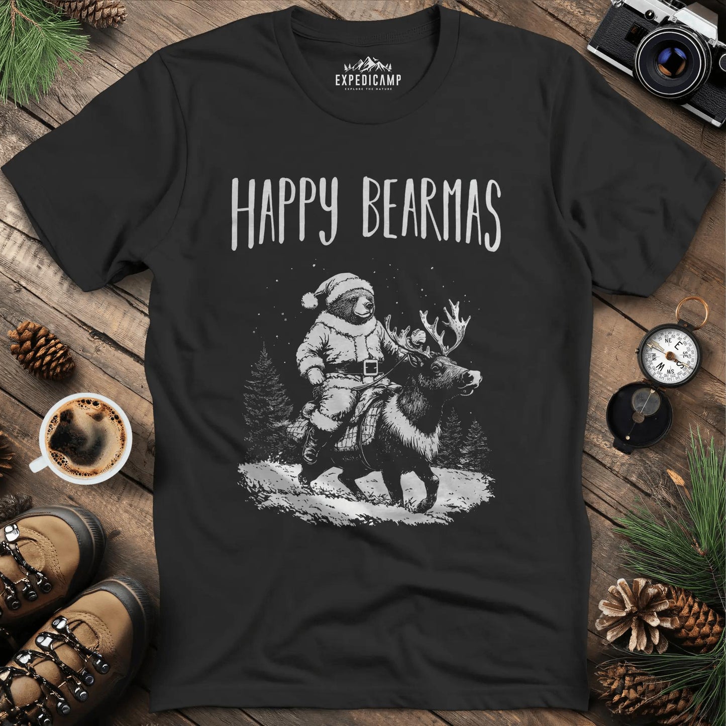Happy Bearmas T-Shirt – Black – Outdoor apparel for travel, hiking, camping, and nature lovers – ExpediCamp