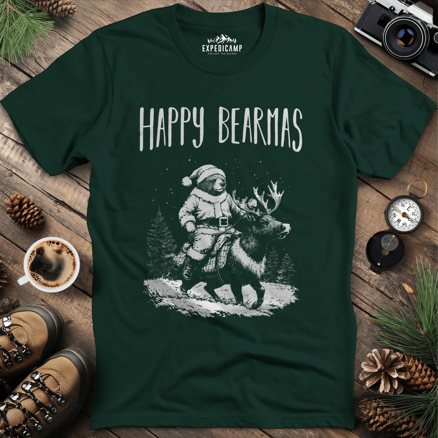 Happy Bearmas T-Shirt – Forest Green – Outdoor apparel for travel, hiking, camping, and nature lovers – ExpediCamp