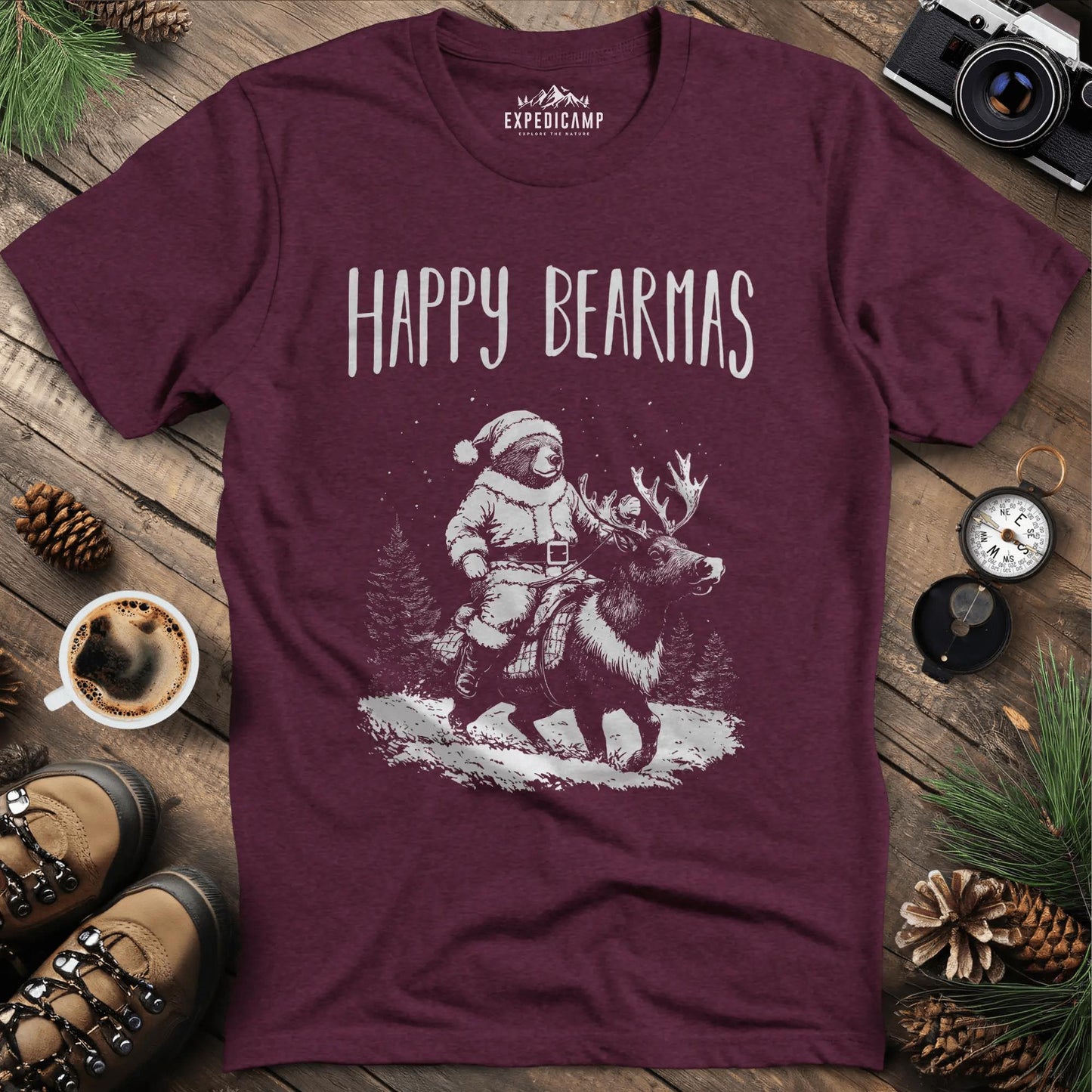Happy Bearmas T-Shirt – Heather Maroon – Outdoor apparel for travel, hiking, camping, and nature lovers – ExpediCamp