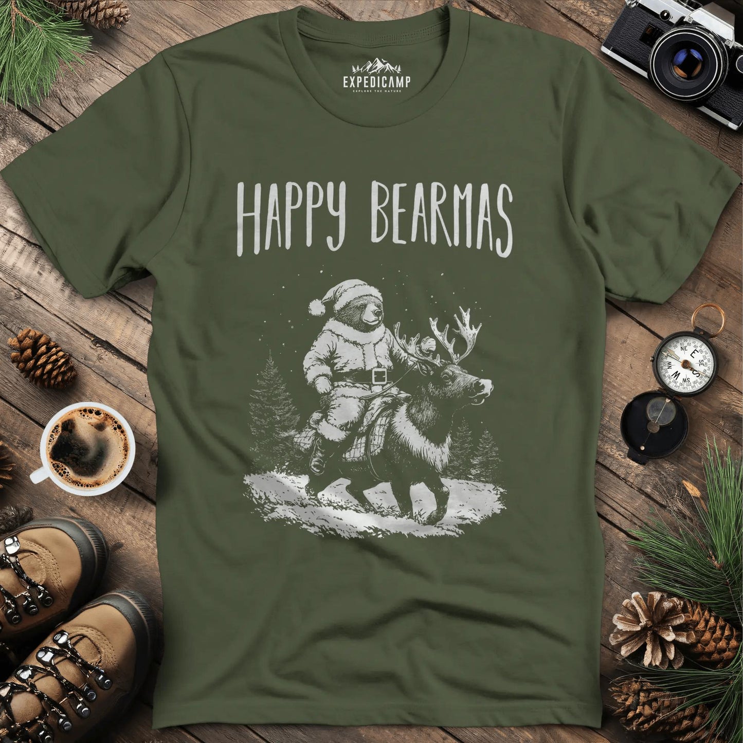 Happy Bearmas T-Shirt – Military Green – Outdoor apparel for travel, hiking, camping, and nature lovers – ExpediCamp