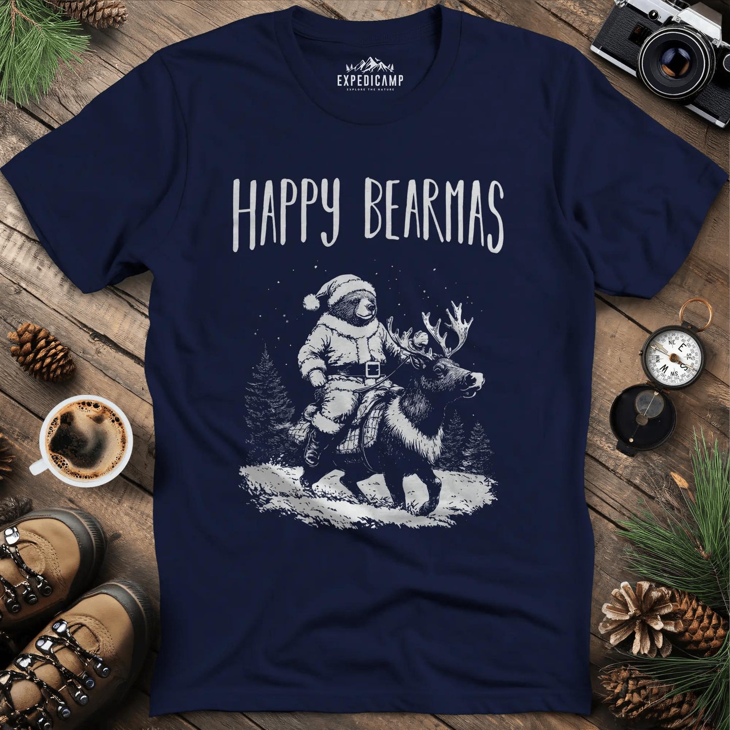 Happy Bearmas T-Shirt – Navy – Outdoor apparel for travel, hiking, camping, and nature lovers – ExpediCamp