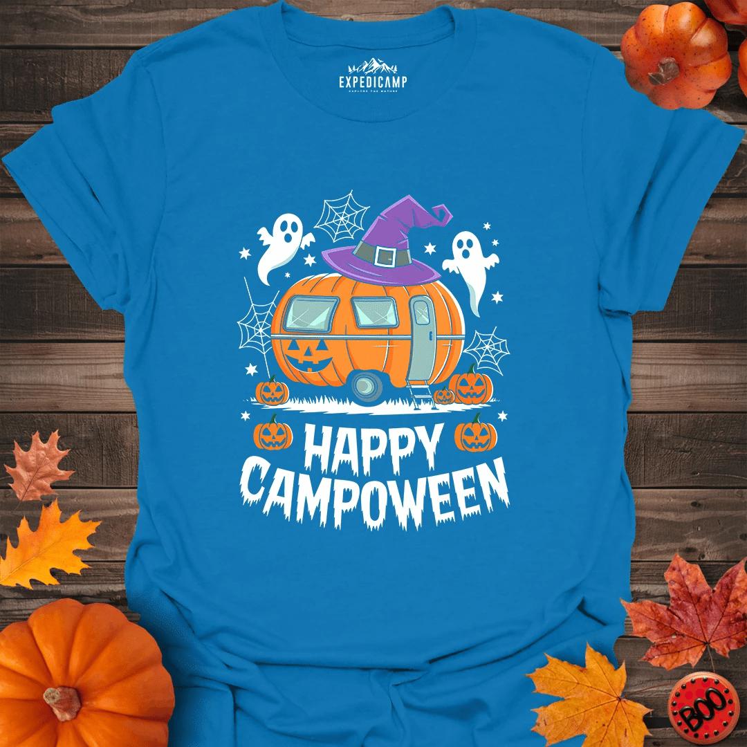 Happy Campoween T-Shirt – Royal – Outdoor apparel for travel, hiking, camping, and nature lovers – ExpediCamp
