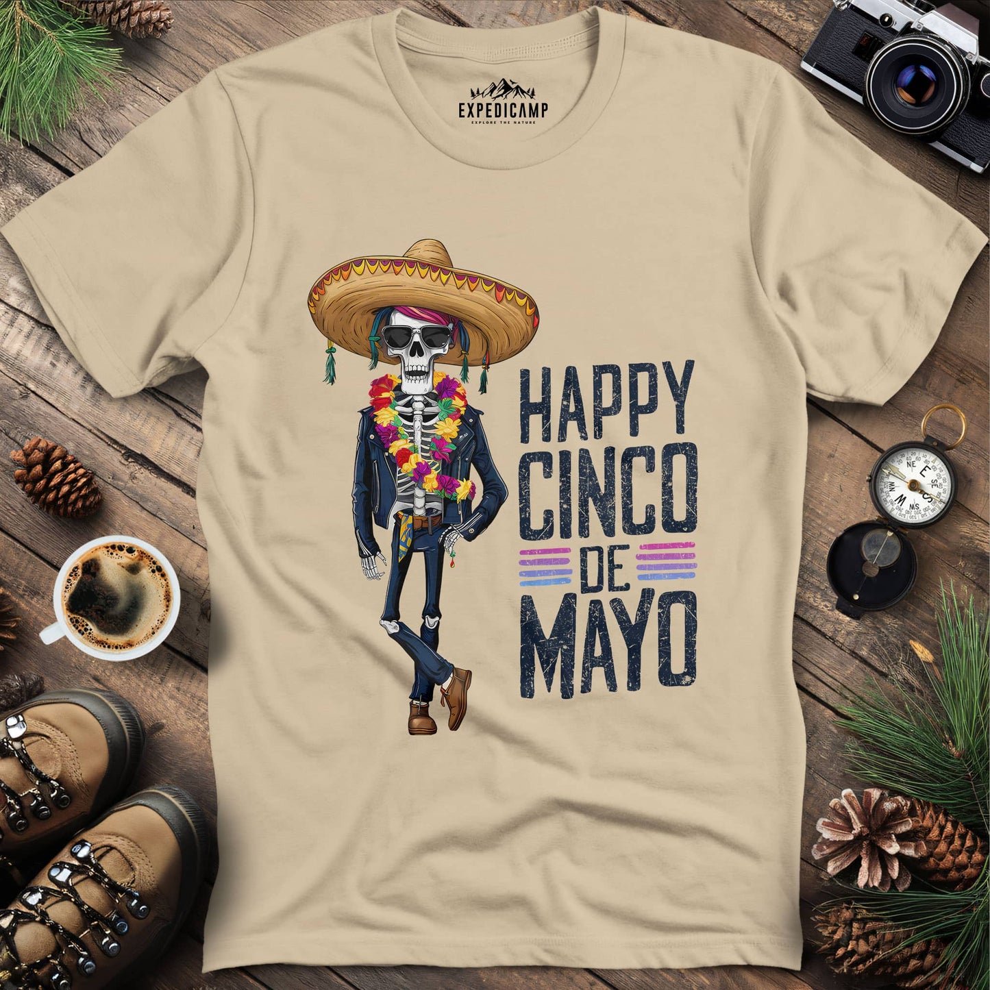 Happy Cinco de Mayo Skeleton Party T-Shirt – Sand – Outdoor apparel for travel, hiking, camping, and nature lovers – ExpediCamp