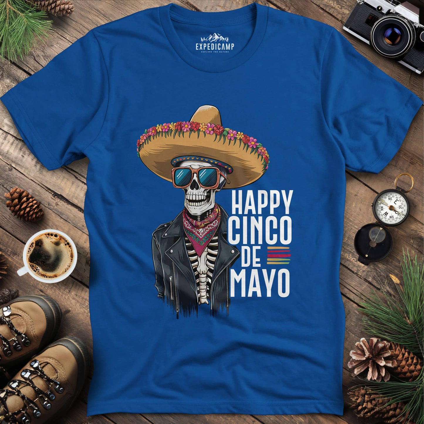 Happy Cinco de Mayo Skeleton Sombrero T-Shirt – Royal – Outdoor apparel for travel, hiking, camping, and nature lovers – ExpediCamp