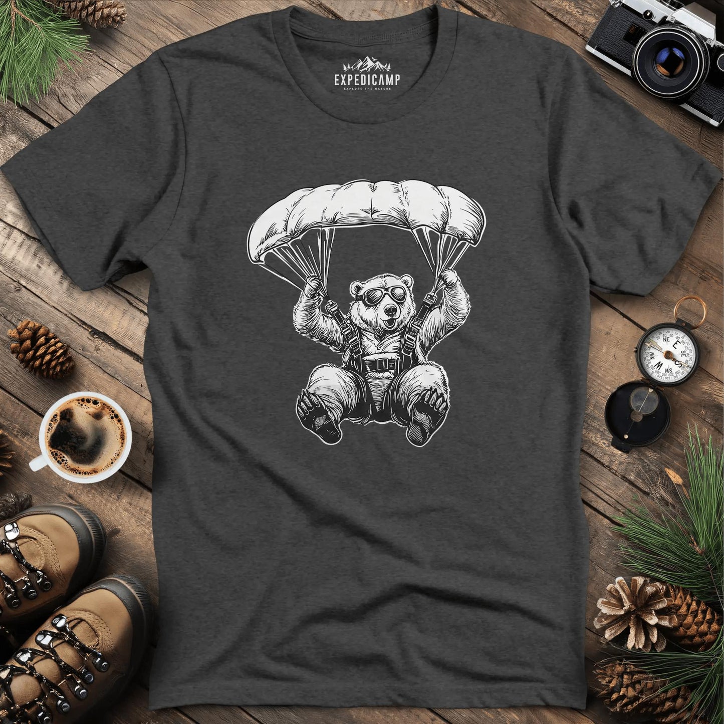 Happy Parachuting Bear T-Shirt – Dark Heather – Outdoor apparel for travel, hiking, camping, and nature lovers – ExpediCamp