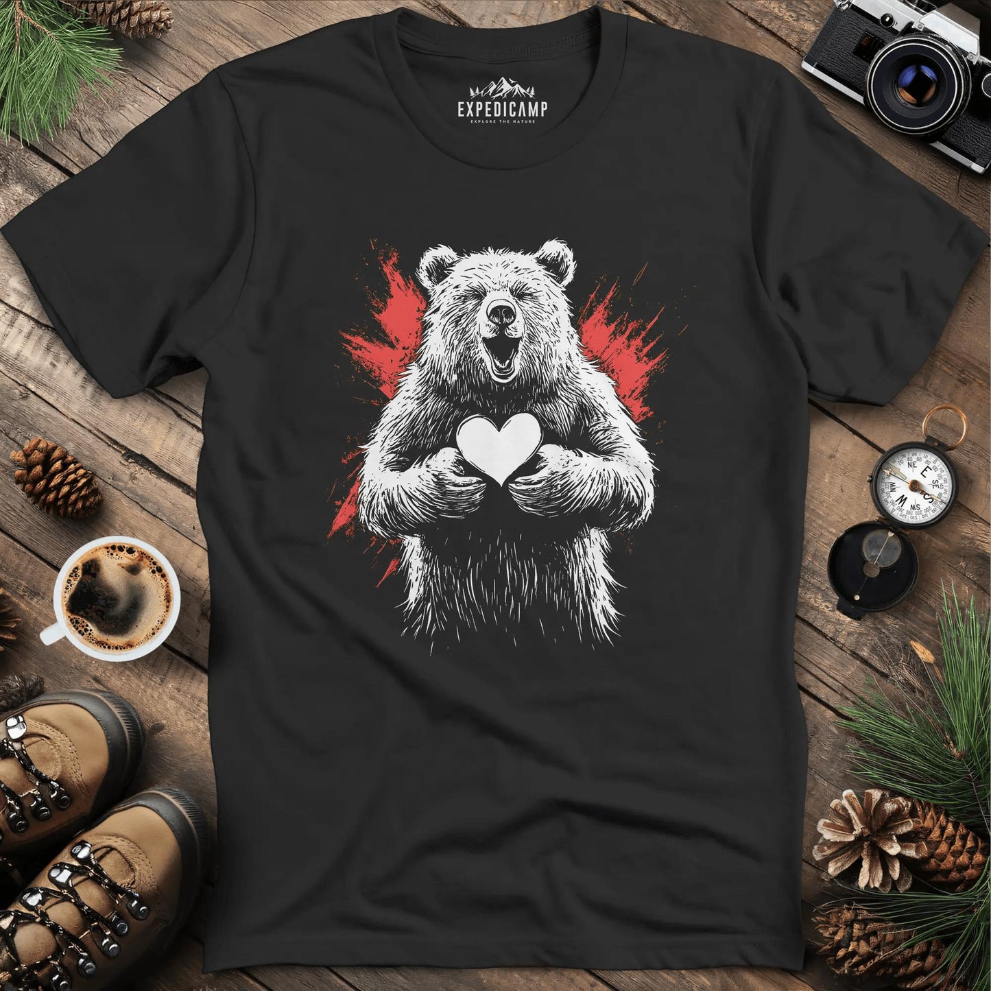 Heartwarming Bear T-Shirt – Black – Outdoor apparel for travel, hiking, camping, and nature lovers – ExpediCamp
