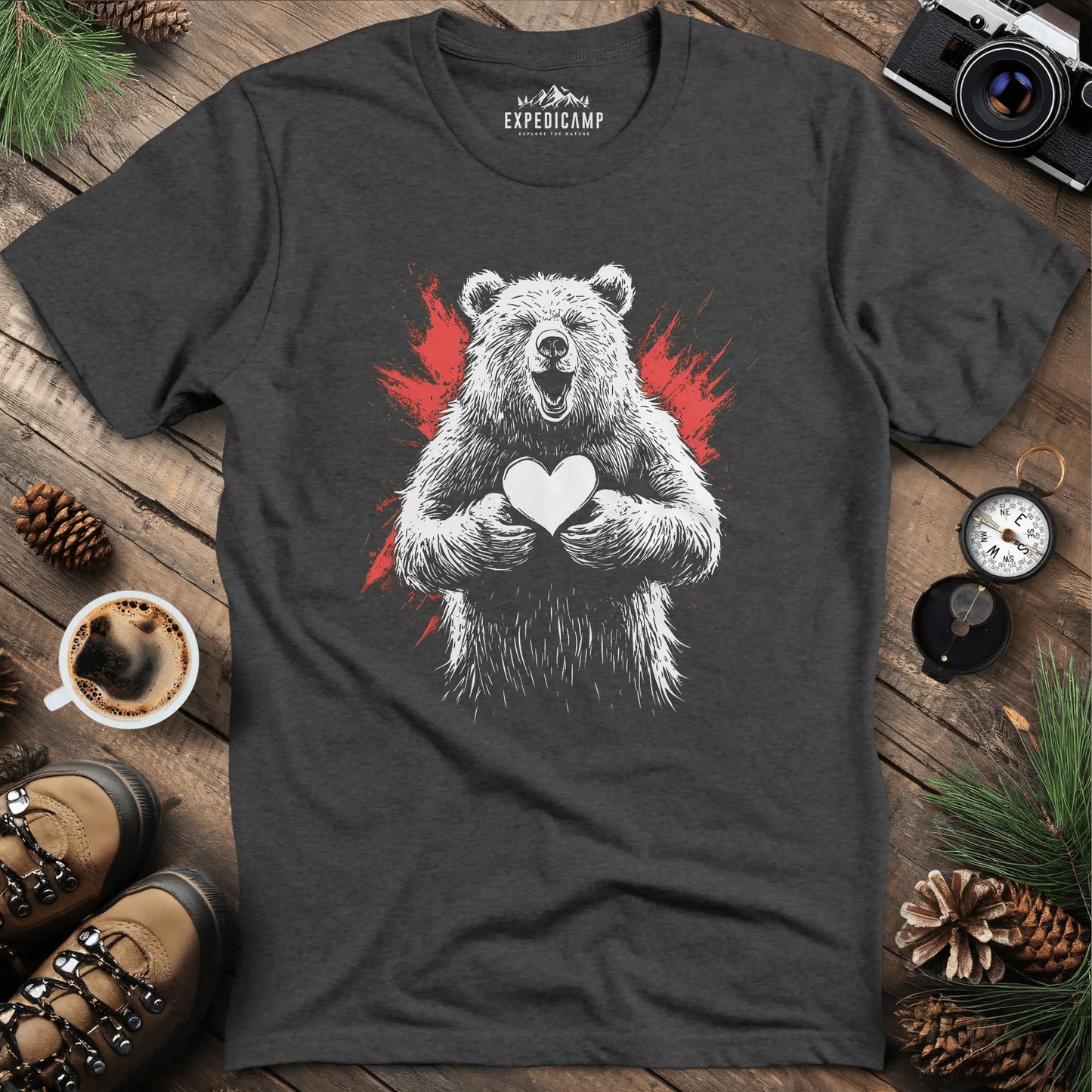 Heartwarming Bear T-Shirt – Dark Heather – Outdoor apparel for travel, hiking, camping, and nature lovers – ExpediCamp