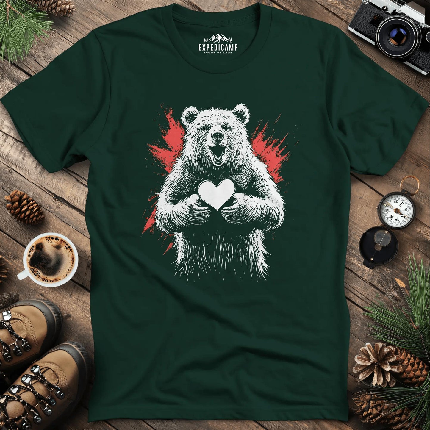 Heartwarming Bear T-Shirt – Forest Green – Outdoor apparel for travel, hiking, camping, and nature lovers – ExpediCamp