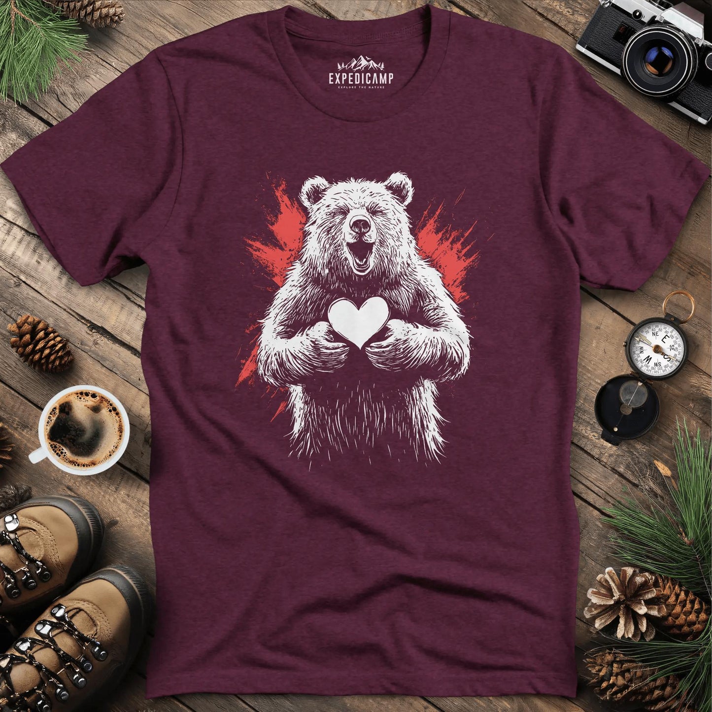 Heartwarming Bear T-Shirt – Heather Maroon – Outdoor apparel for travel, hiking, camping, and nature lovers – ExpediCamp