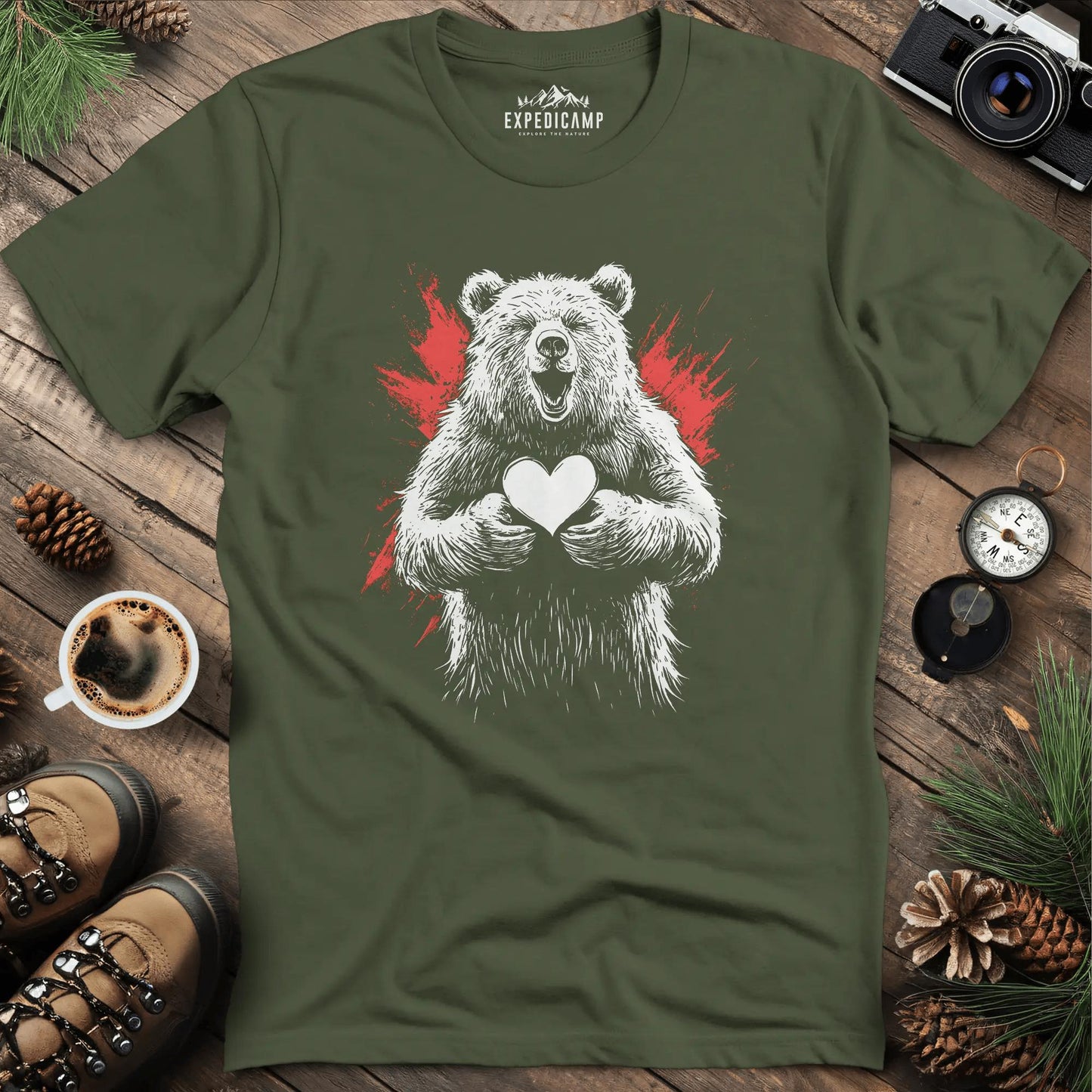 Heartwarming Bear T-Shirt – Military Green – Outdoor apparel for travel, hiking, camping, and nature lovers – ExpediCamp