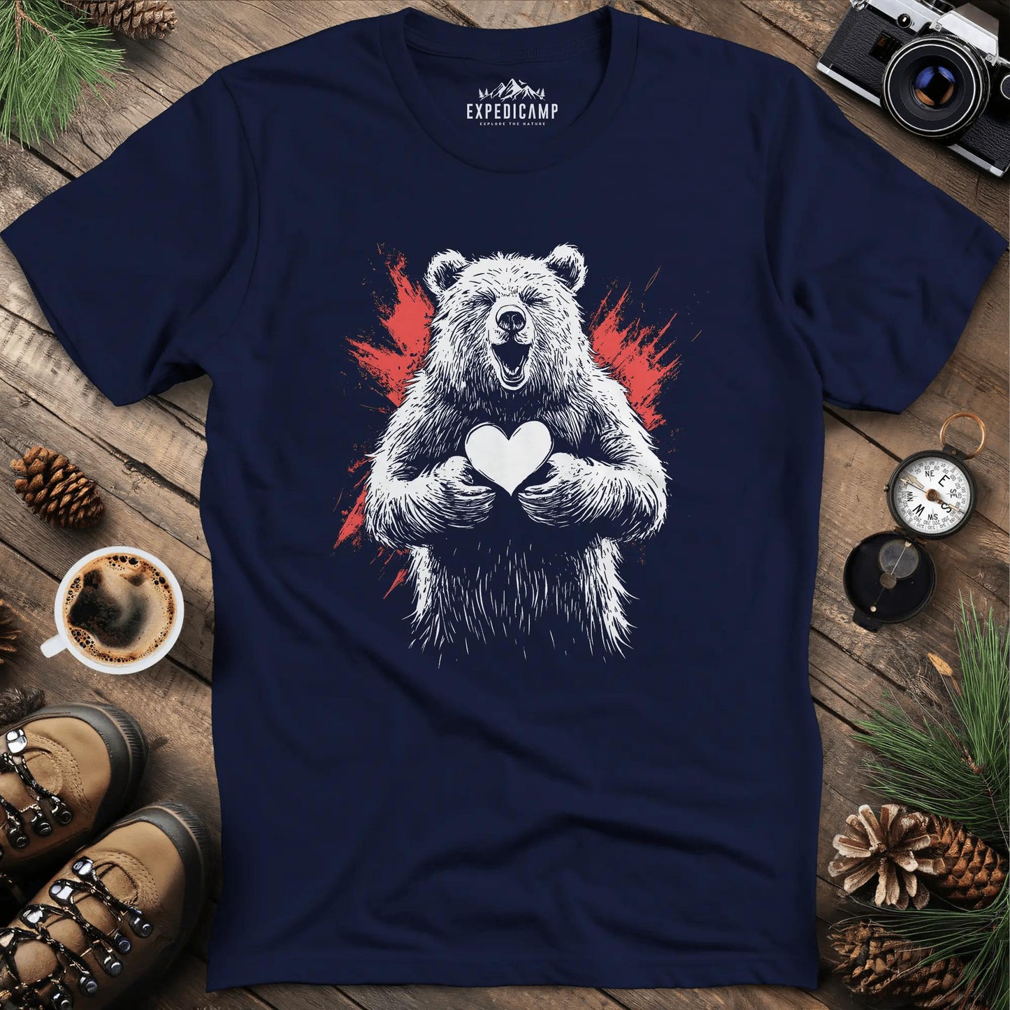 Heartwarming Bear T-Shirt – Navy – Outdoor apparel for travel, hiking, camping, and nature lovers – ExpediCamp