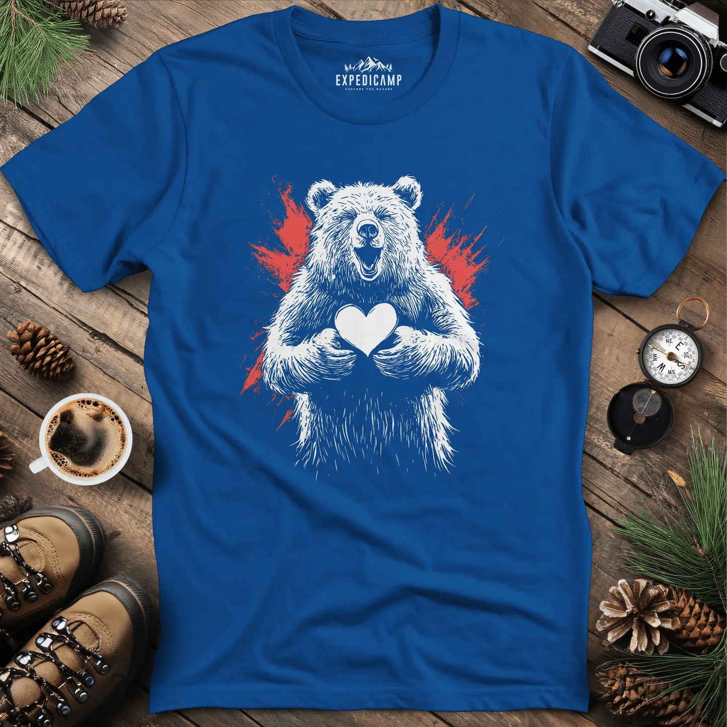 Heartwarming Bear T-Shirt – Royal – Outdoor apparel for travel, hiking, camping, and nature lovers – ExpediCamp