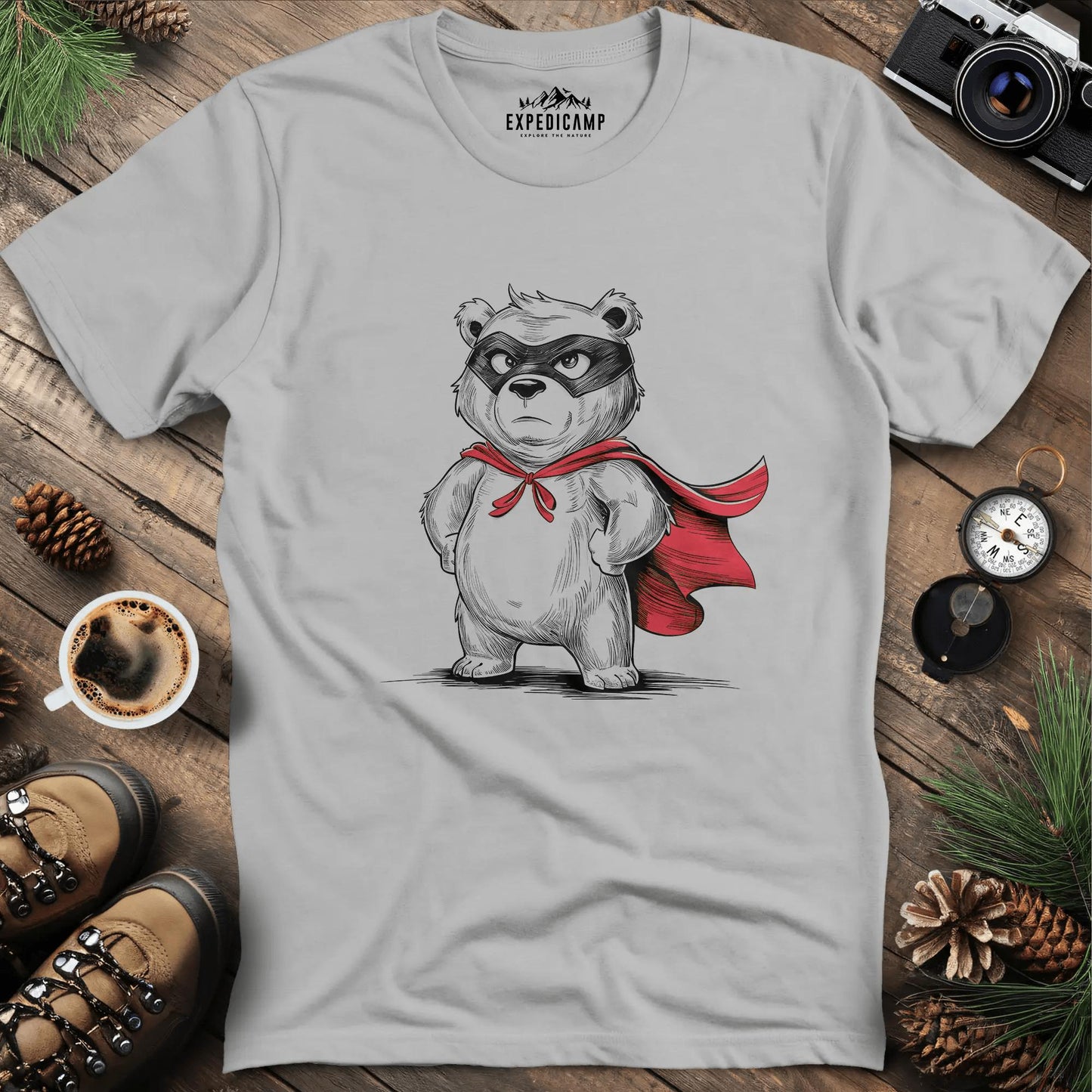 Heroic Bear with Red Cape T-Shirt – Ice Grey – Outdoor apparel for travel, hiking, camping, and nature lovers – ExpediCamp