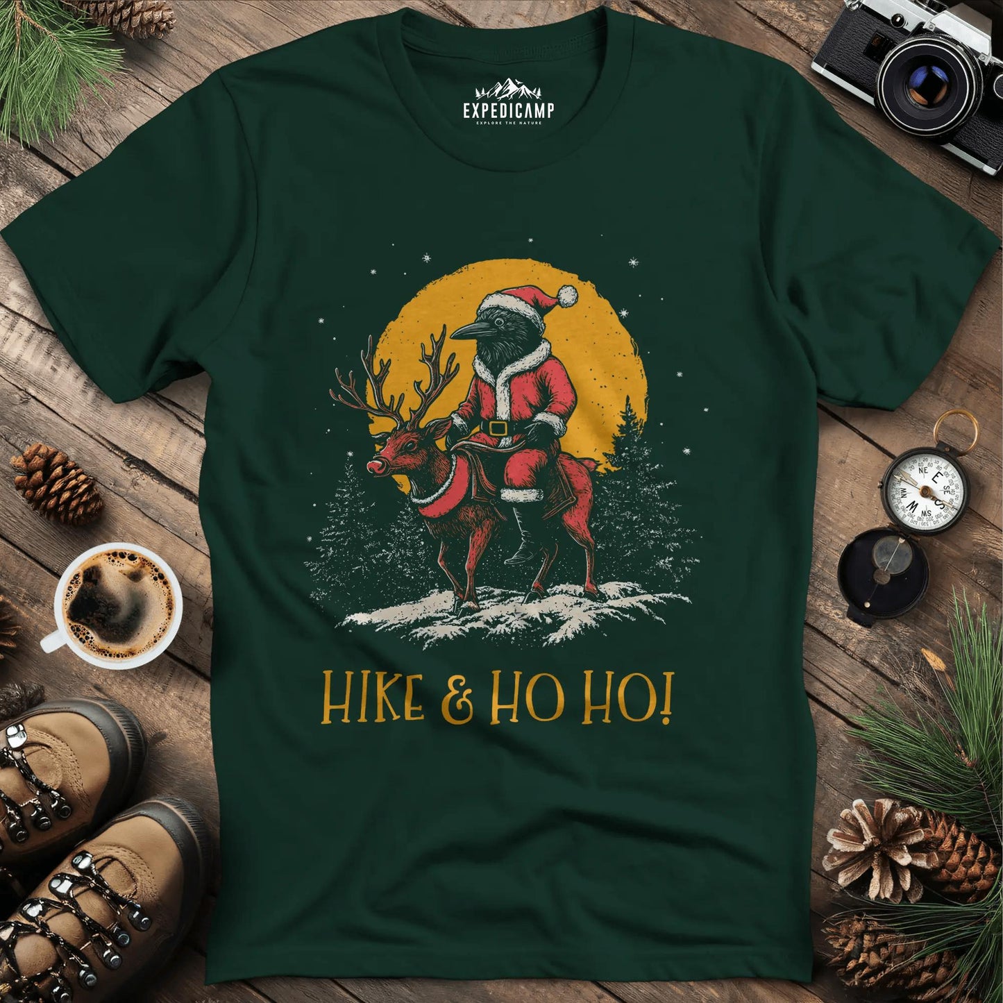 Hike & Ho Ho T-Shirt – Forest Green – Outdoor apparel for travel, hiking, camping, and nature lovers – ExpediCamp