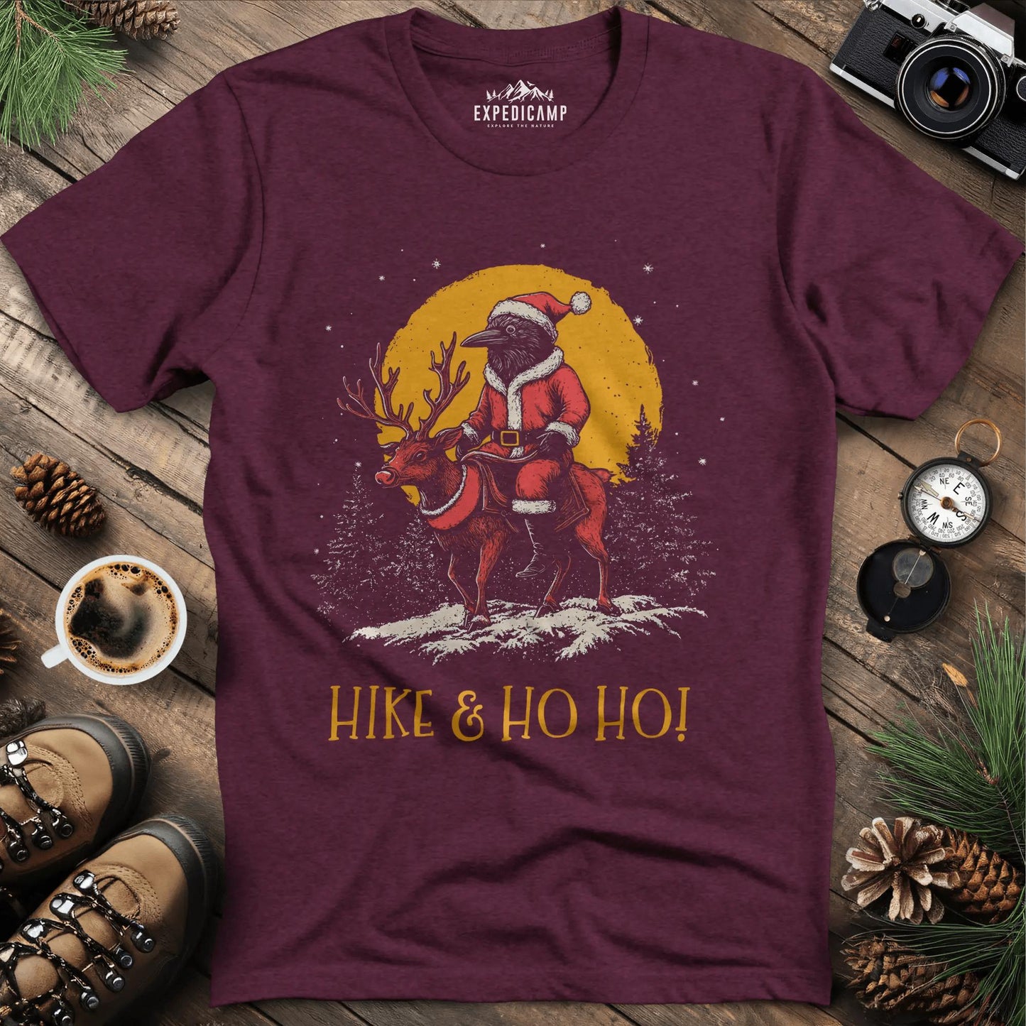 Hike & Ho Ho T-Shirt – Heather Maroon – Outdoor apparel for travel, hiking, camping, and nature lovers – ExpediCamp