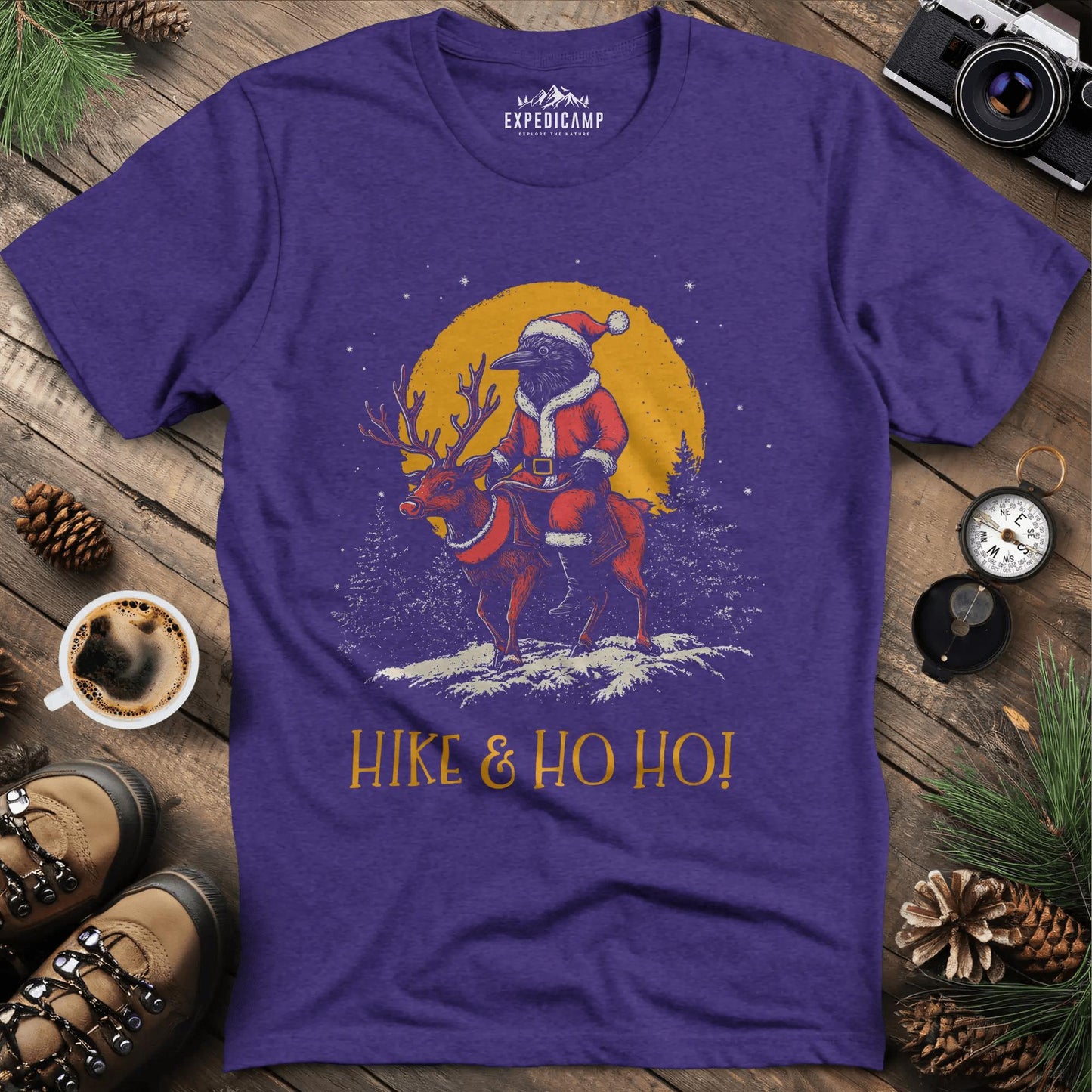 Hike & Ho Ho T-Shirt – Heather Purple – Outdoor apparel for travel, hiking, camping, and nature lovers – ExpediCamp
