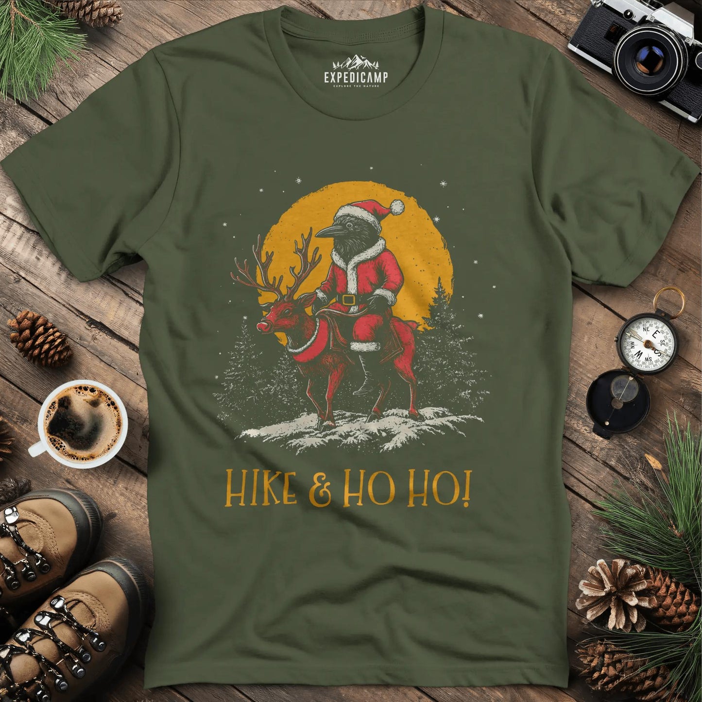 Hike & Ho Ho T-Shirt – Military Green – Outdoor apparel for travel, hiking, camping, and nature lovers – ExpediCamp