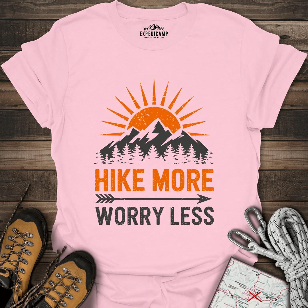 Hike More Worry Less T-Shirt – Light Pink – Outdoor apparel for travel, hiking, camping, and nature lovers – ExpediCamp