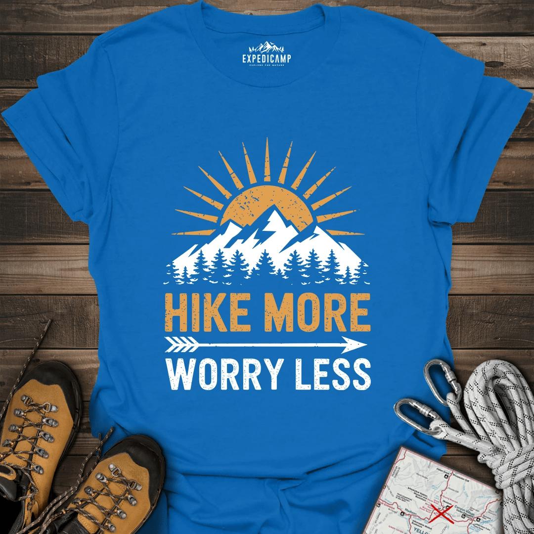 Hike More Worry Less T-Shirt – Royal – Outdoor apparel for travel, hiking, camping, and nature lovers – ExpediCamp