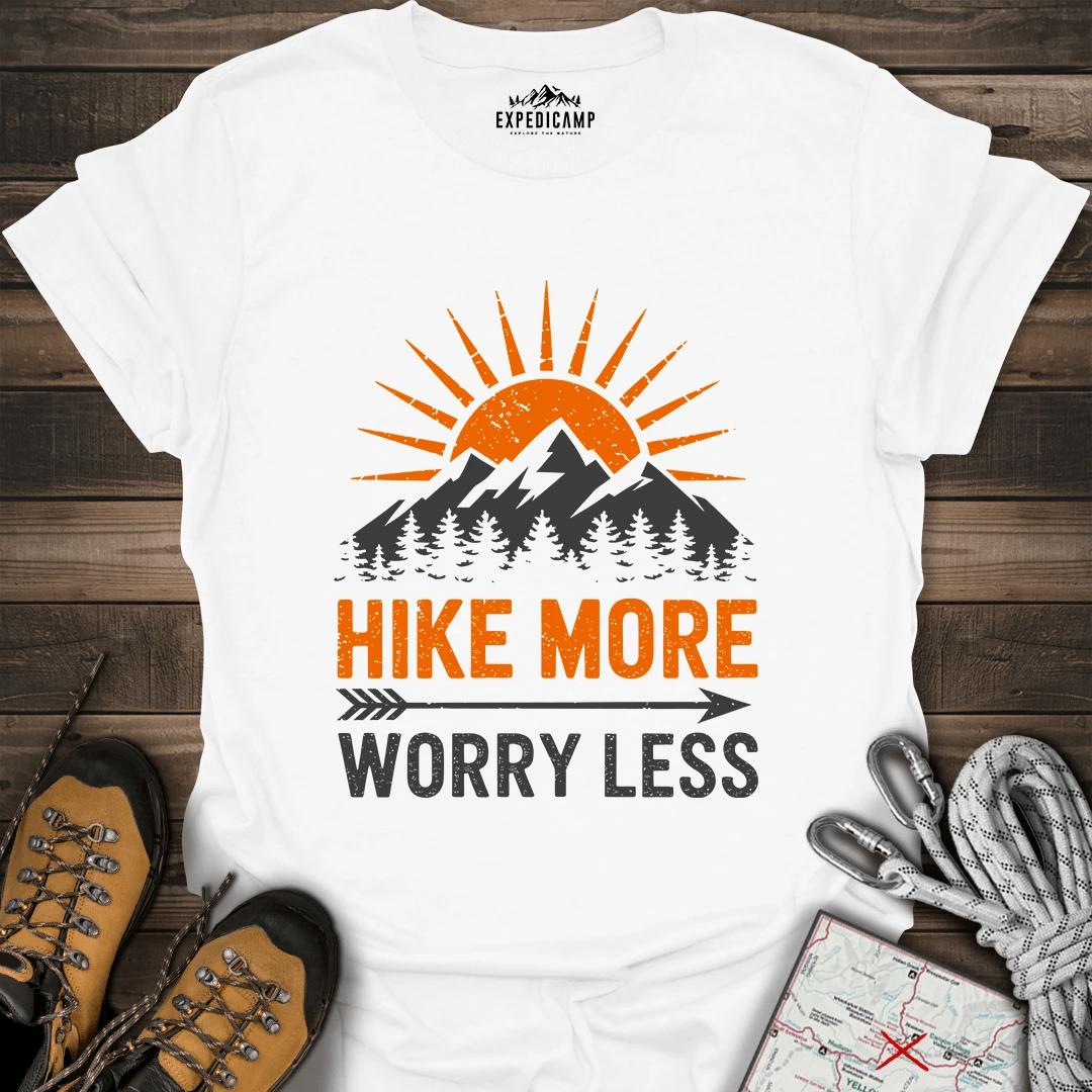 Hike More Worry Less T-Shirt – White – Outdoor apparel for travel, hiking, camping, and nature lovers – ExpediCamp