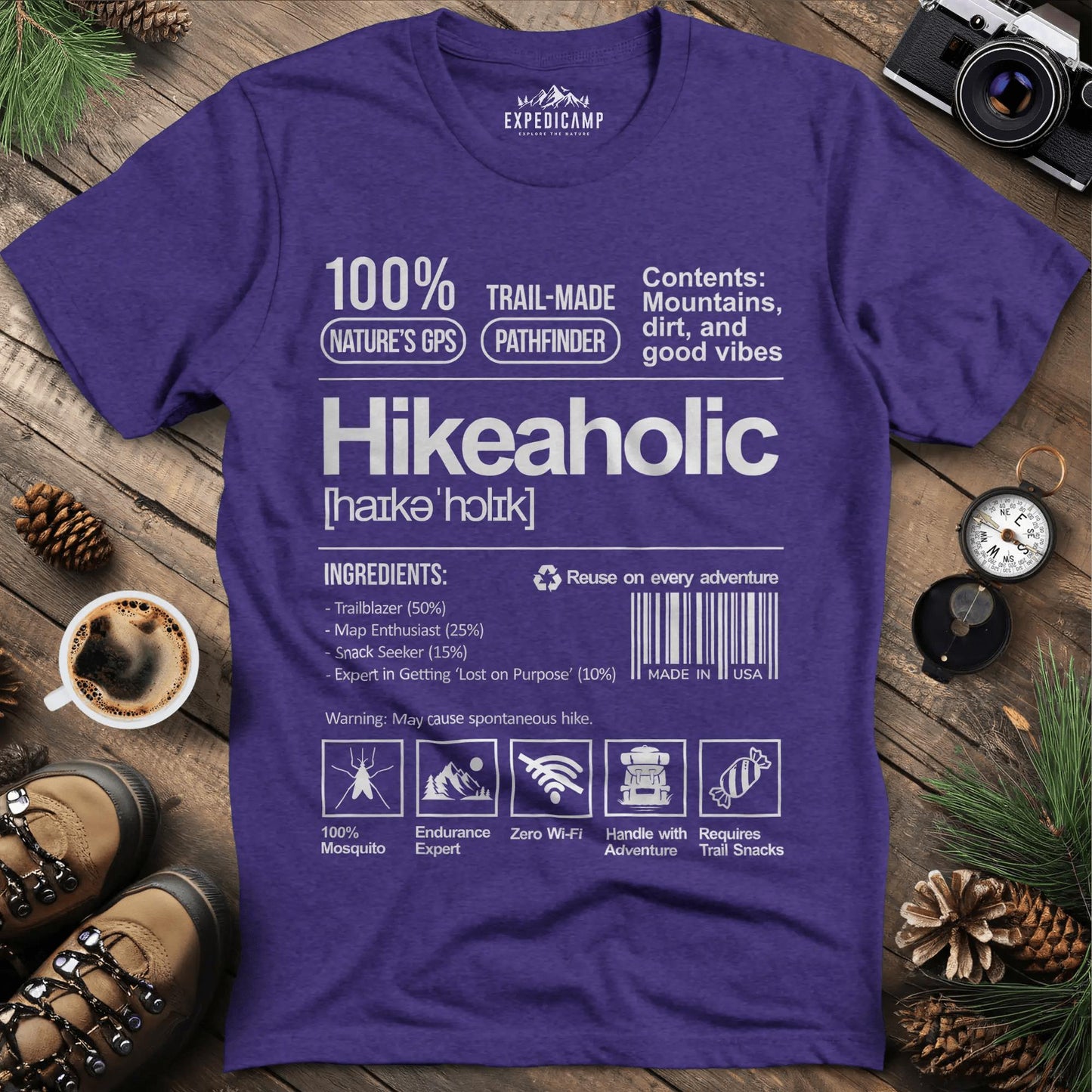 Hikeaholic T-Shirt – Funny Hiking Addict Label Tee – Heather Purple – Outdoor apparel for travel, hiking, camping, and nature lovers – ExpediCamp